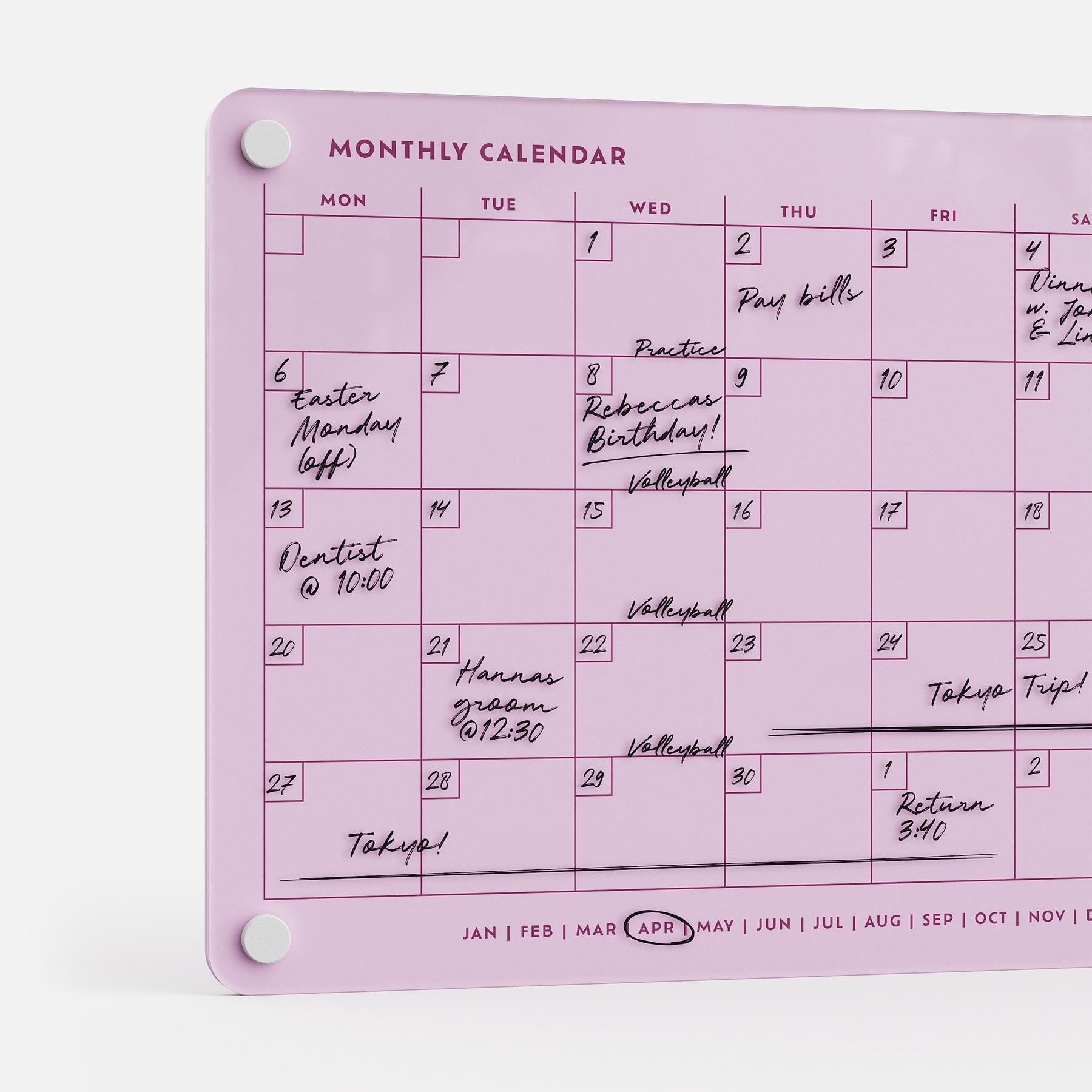 The Monthly Calendar 118, a pink dry-erase planner for April, is wall-mounted and displays handwritten notes like “Rehearsing Birthday!”, “Dentist @ 10:00,” “Pay bills,” “Tokyo Trip!,” and “Volleyball.” Ideal for compact family organizing.