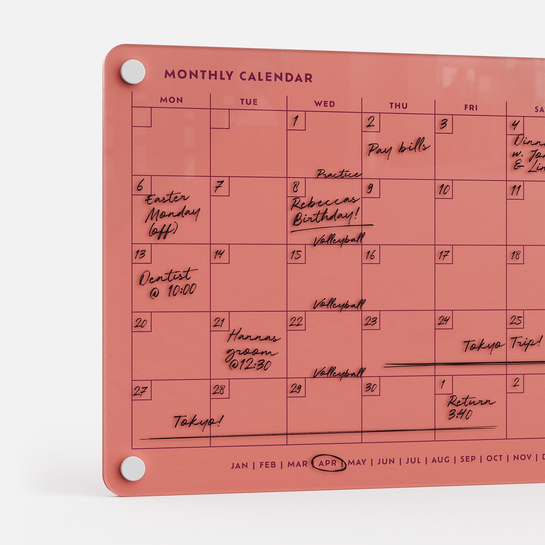 The Monthly Calendar 118 is a coral acrylic planner showing April handwritten notes—appointments, birthdays, volleyball, bills, rehearsals, and a Tokyo trip. White magnets hold this compact calendar securely at the corners.