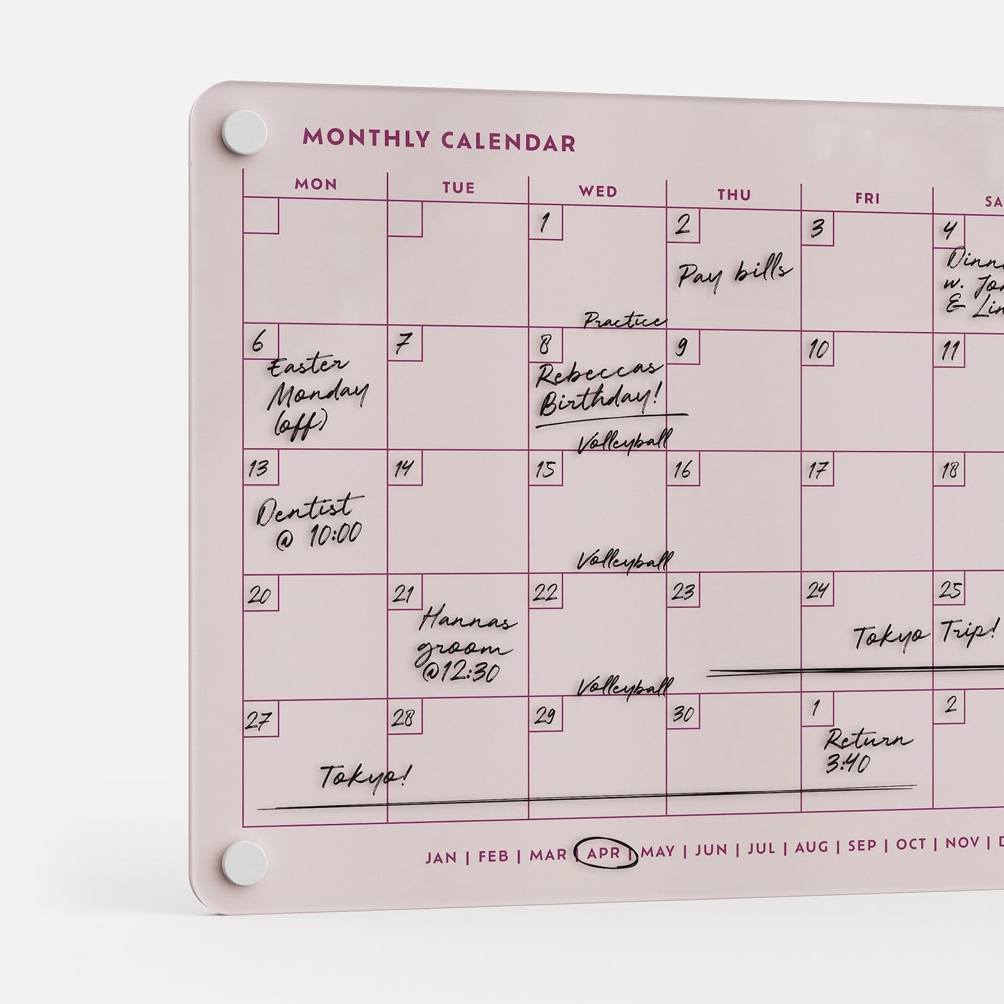 The Monkey and Pebbles Monthly Calendar 118 is a premium pink acrylic planner for April—erasable, reusable, magnetically secured.