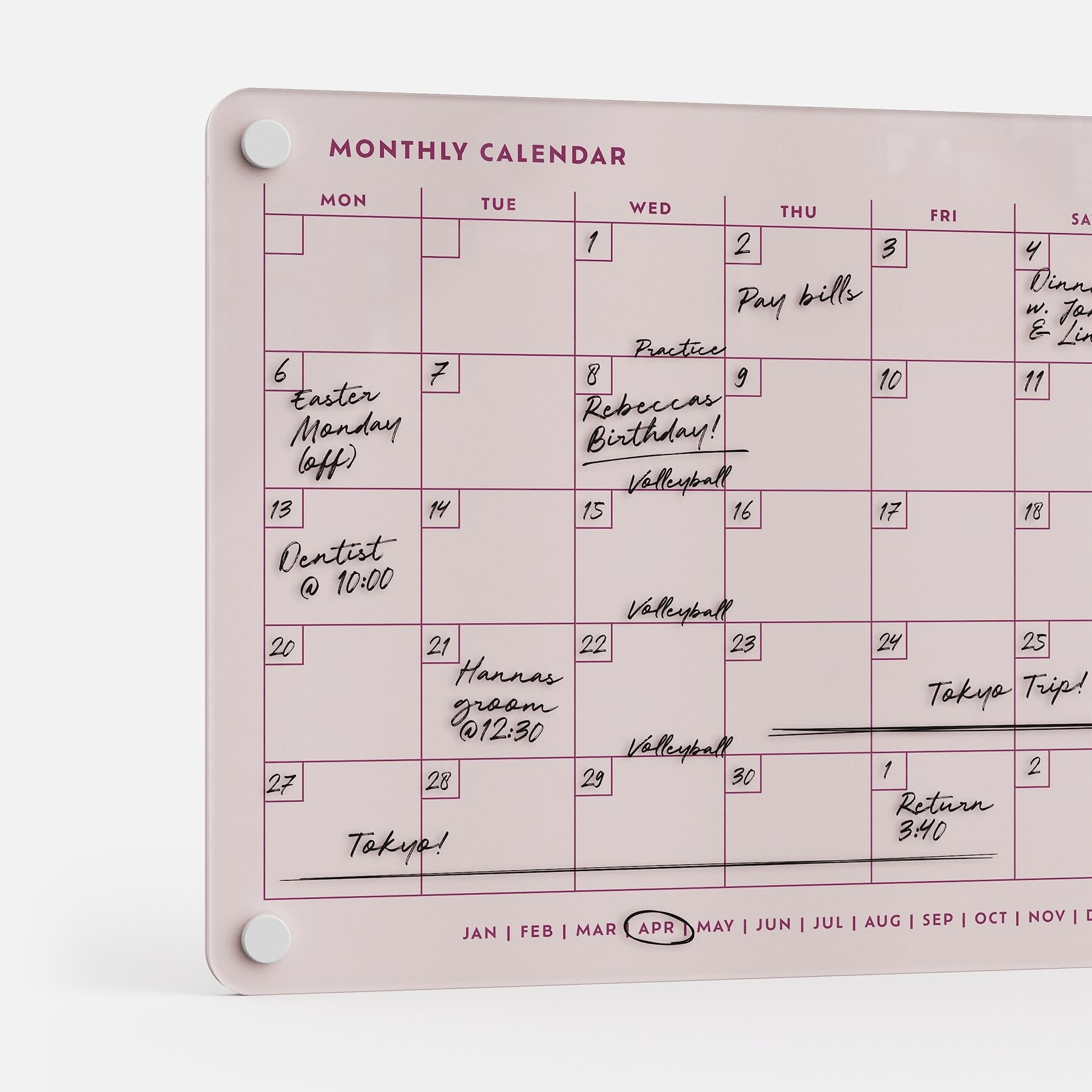 The Monkey and Pebbles Monthly Calendar 118 is a premium pink acrylic planner for April—erasable, reusable, magnetically secured.