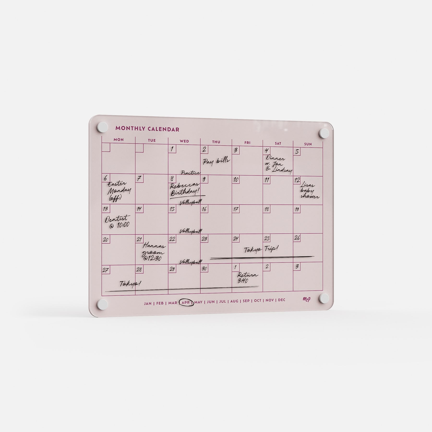 The Monthly Calendar 118 by Monkey and Pebbles is a premium pink acrylic erasable board with reusable monthly layout and secure corners.