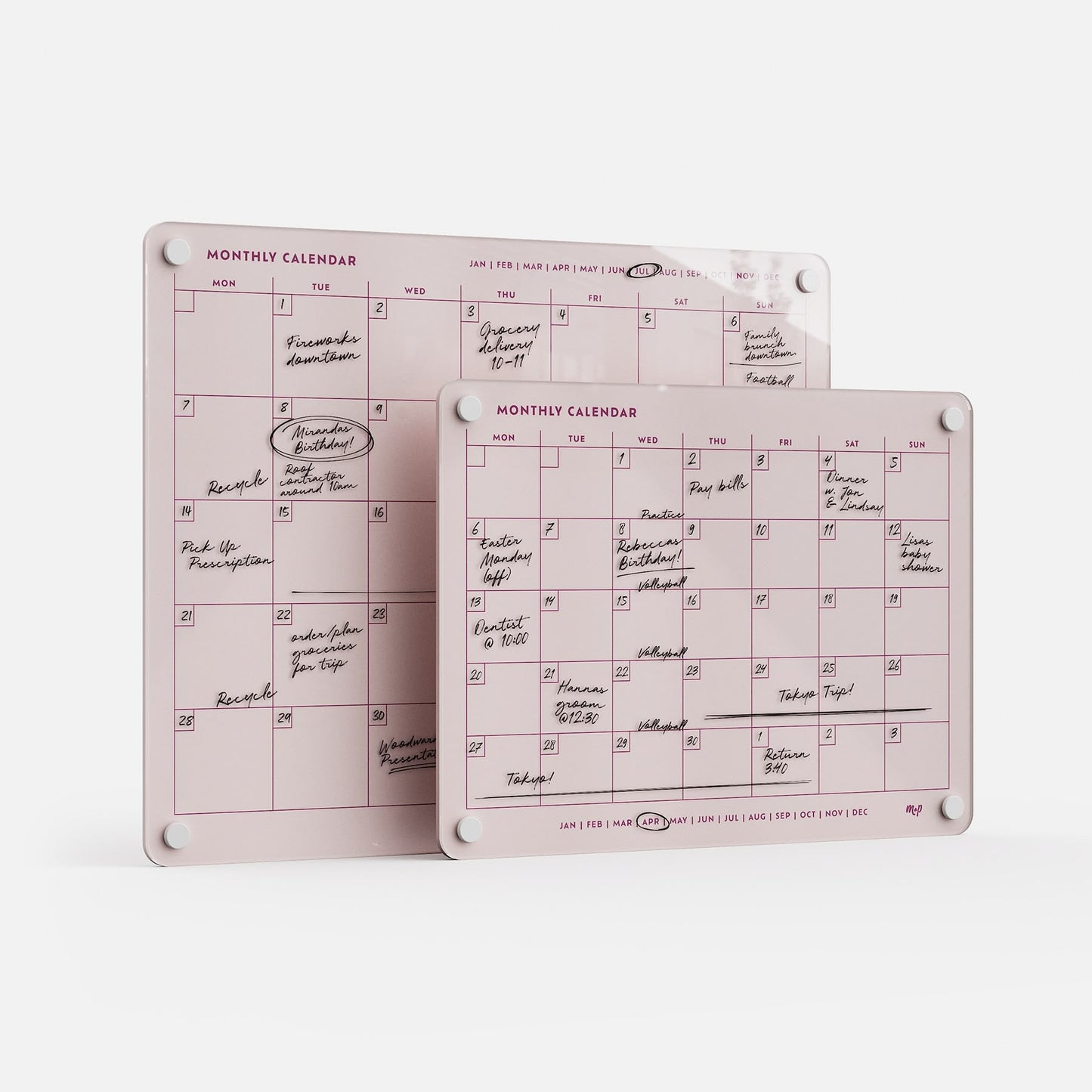 Two premium acrylic Monthly Calendar 118 boards by Monkey and Pebbles, pink with white corners, erasable and reusable for family plans.