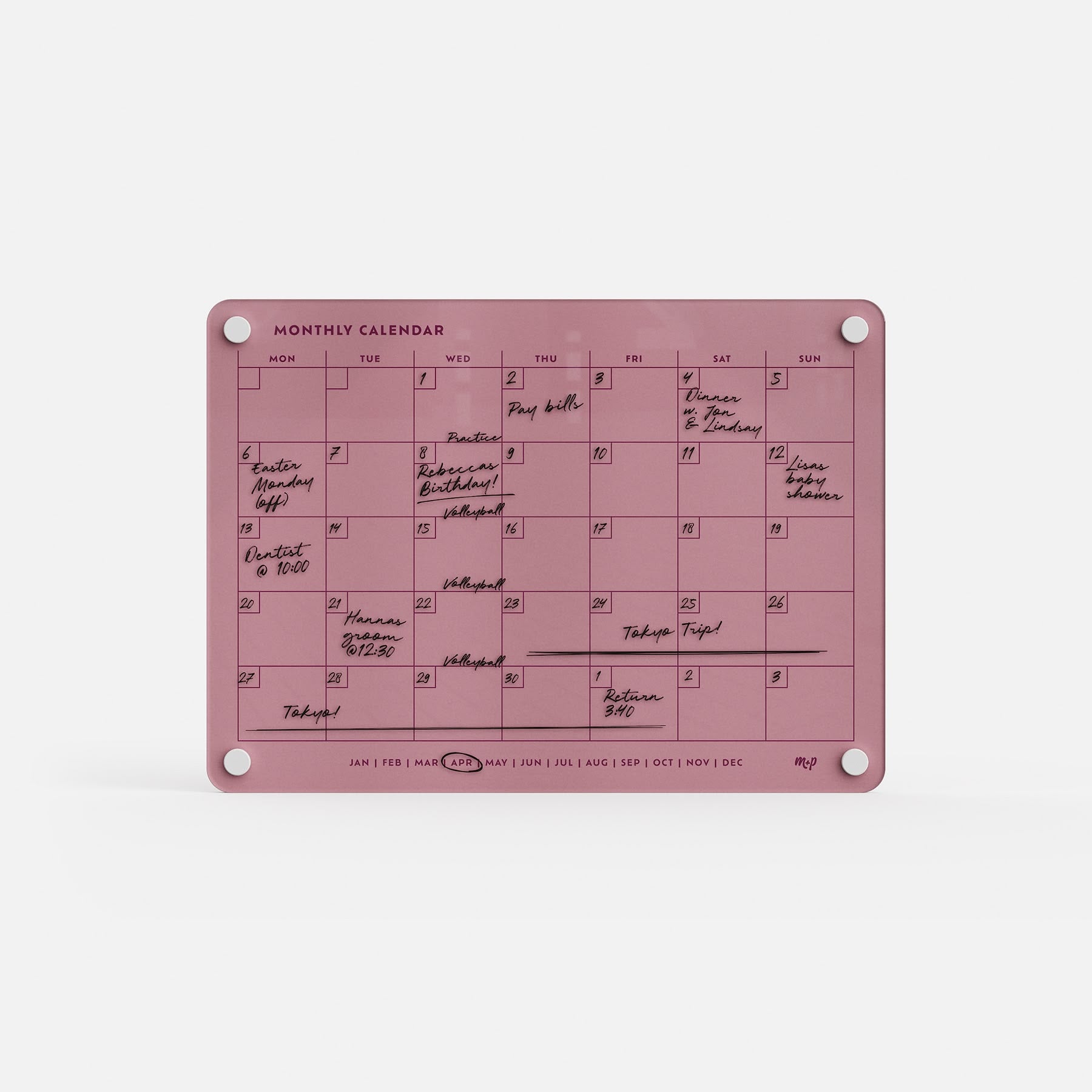 The Monkey and Pebbles Monthly Calendar 118 is a premium pink acrylic erasable, reusable planner with all days and easy-mount holes.