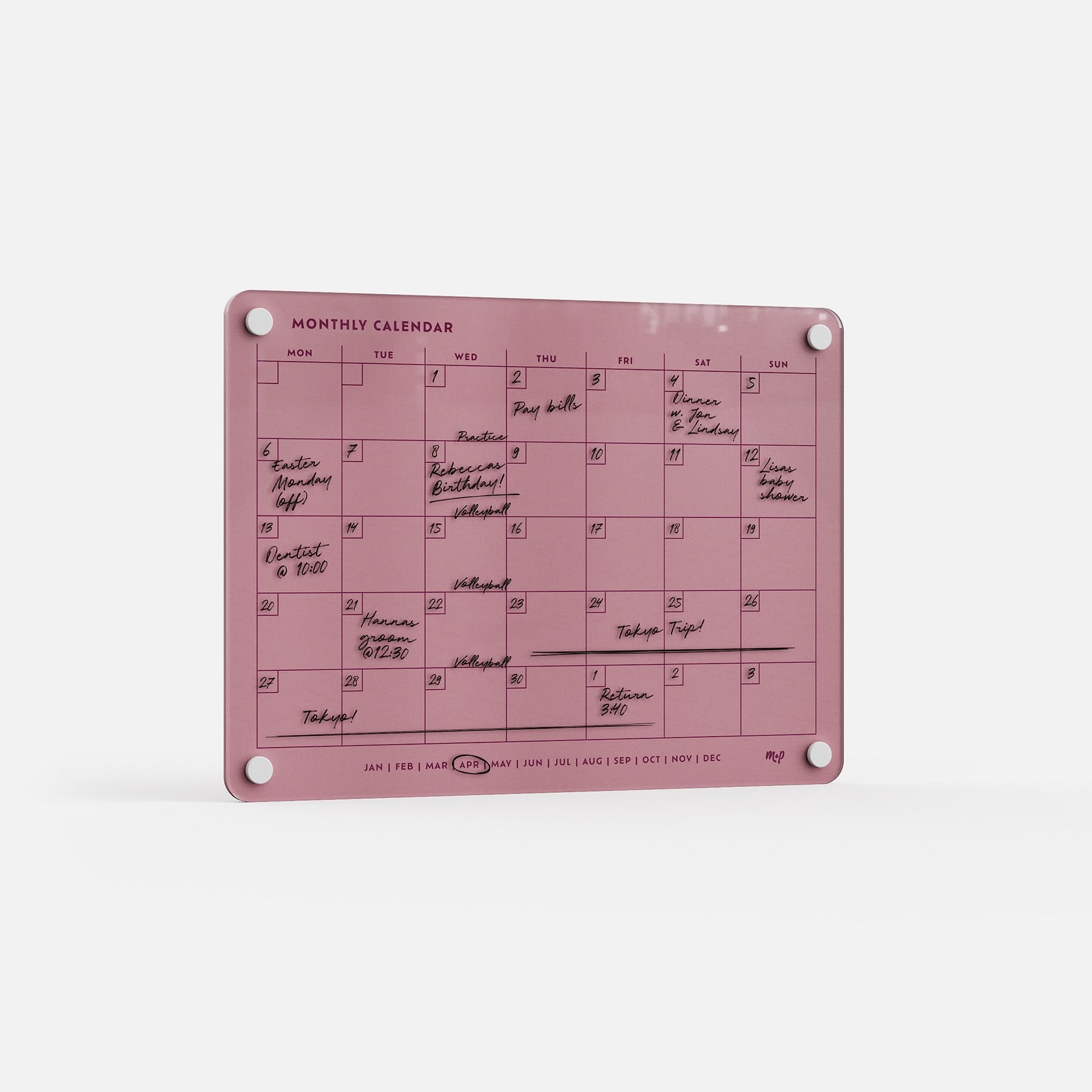 The Monkey and Pebbles Monthly Calendar 118 is a premium pink acrylic erasable planner with reusable surface and four mounting holes.