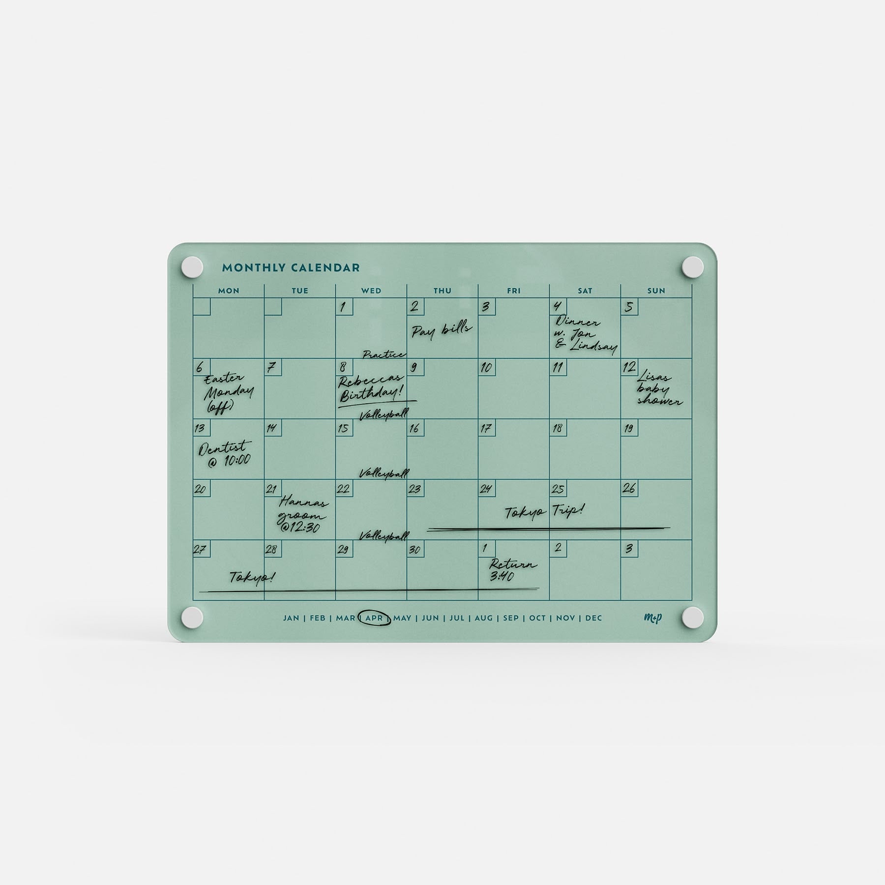 The Monthly Calendar 118 is a seafoam green, compact planner with handwritten notes for meetings, concerts, and classes. It has days of the week labeled at the top and four round corner holes—ideal as a stylish family organizer.
