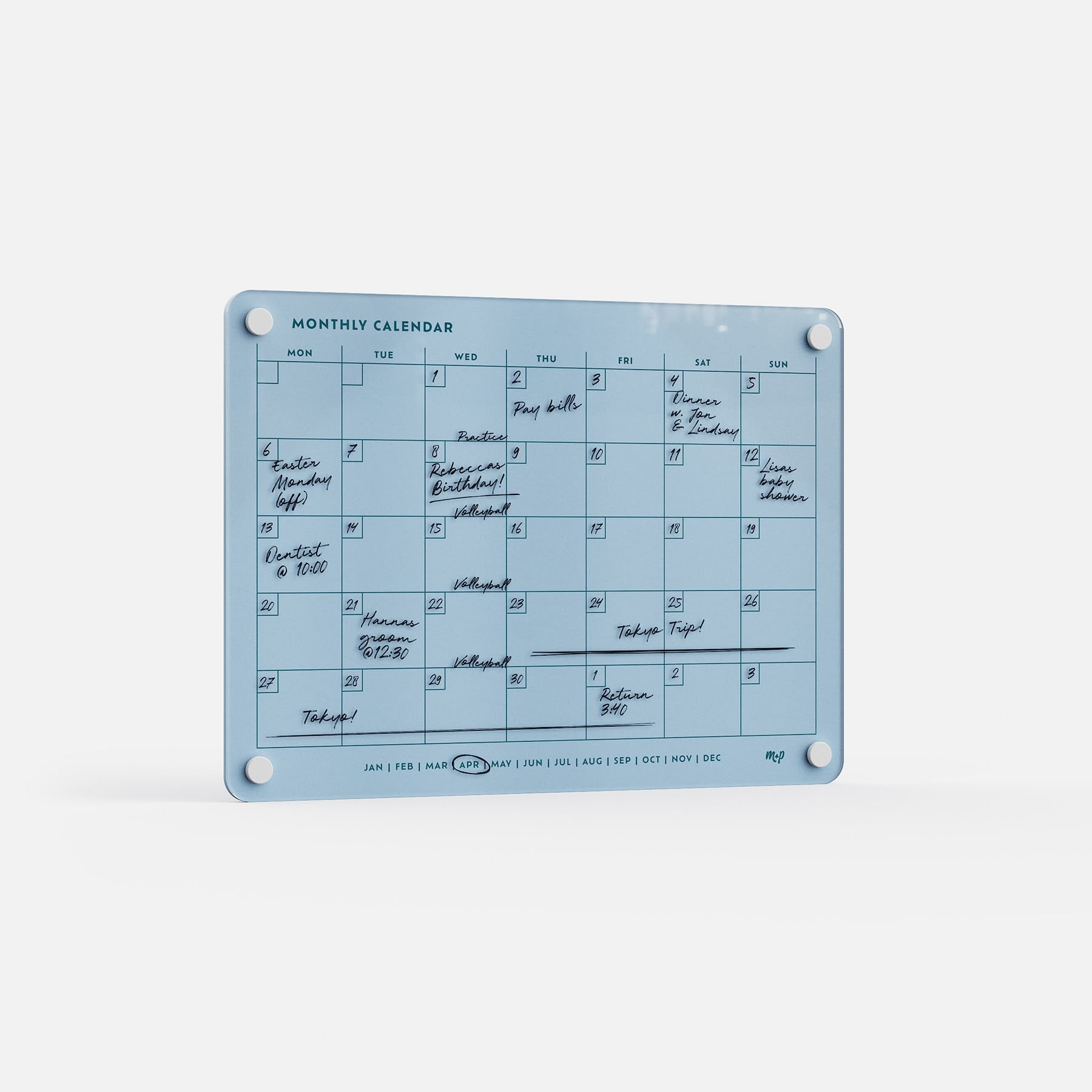 The Monthly Calendar 118 is a compact blue acrylic planner with columns for each day, handwritten events in black marker, and mounted at the corners with four silver screws.