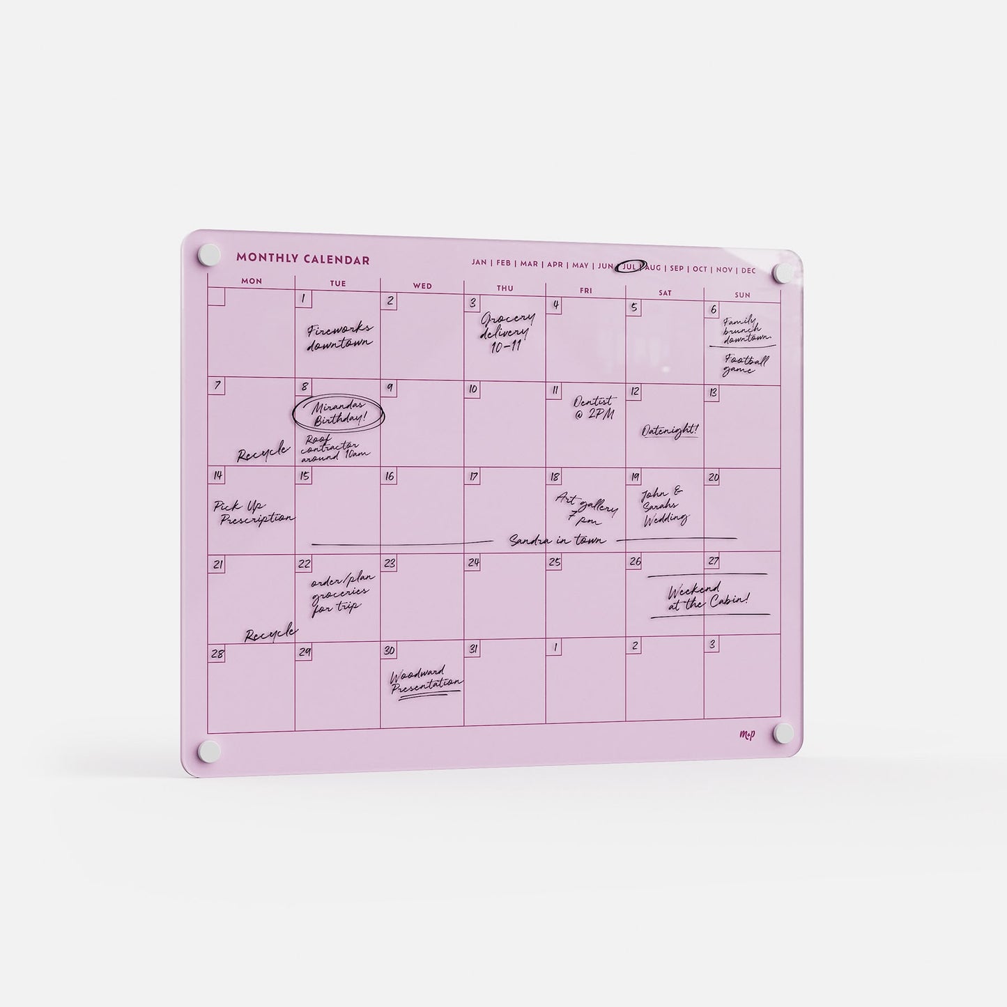 The Monkey and Pebbles Monthly Calendar 1411 is a premium pink acrylic planner with erasable, reusable surface and white magnets.