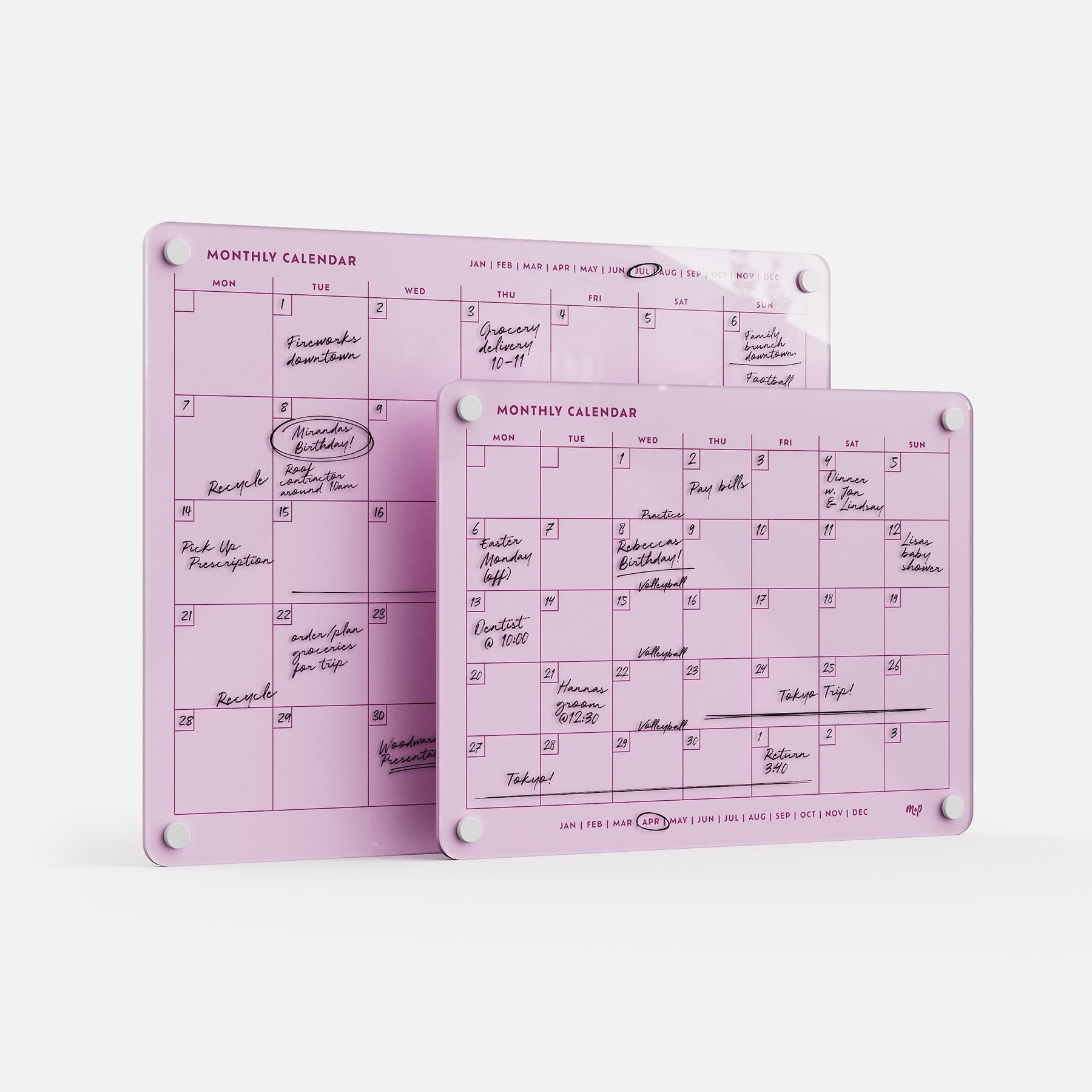 Two premium acrylic Monkey and Pebbles Monthly Calendar 1411 boards in pink, erasable and reusable, upright on white background.