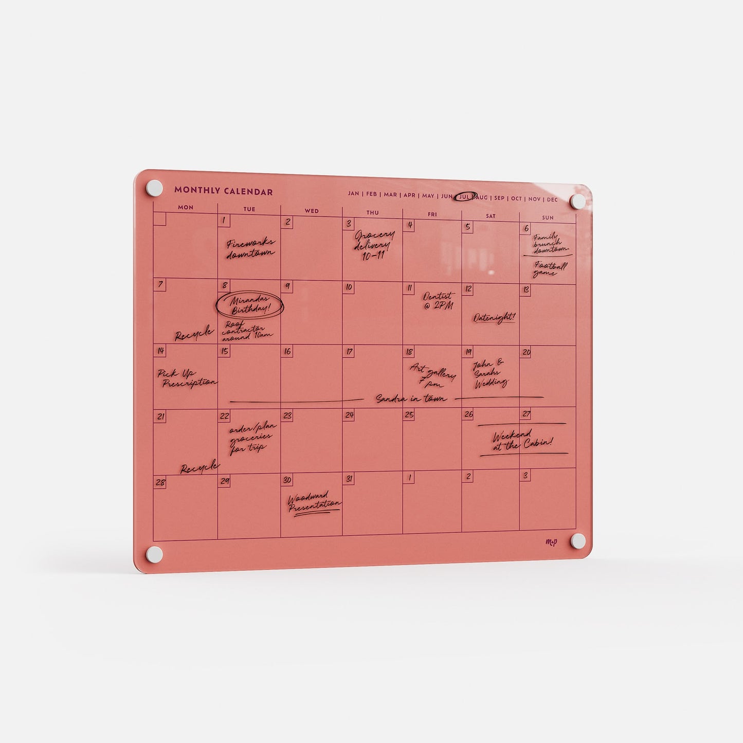 The premium acrylic erasable and reusable Monkey and Pebbles Monthly Calendar 1411 organizes handwritten plans with style.