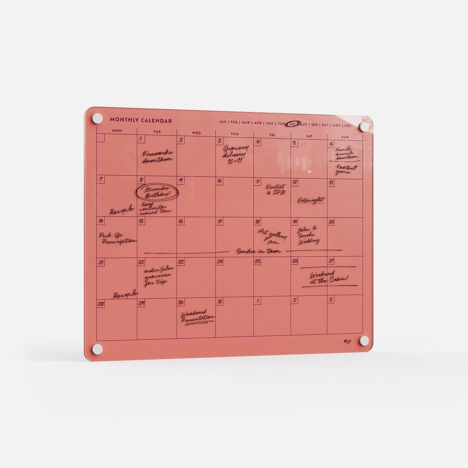 The premium acrylic erasable and reusable Monkey and Pebbles Monthly Calendar 1411 organizes handwritten plans with style.