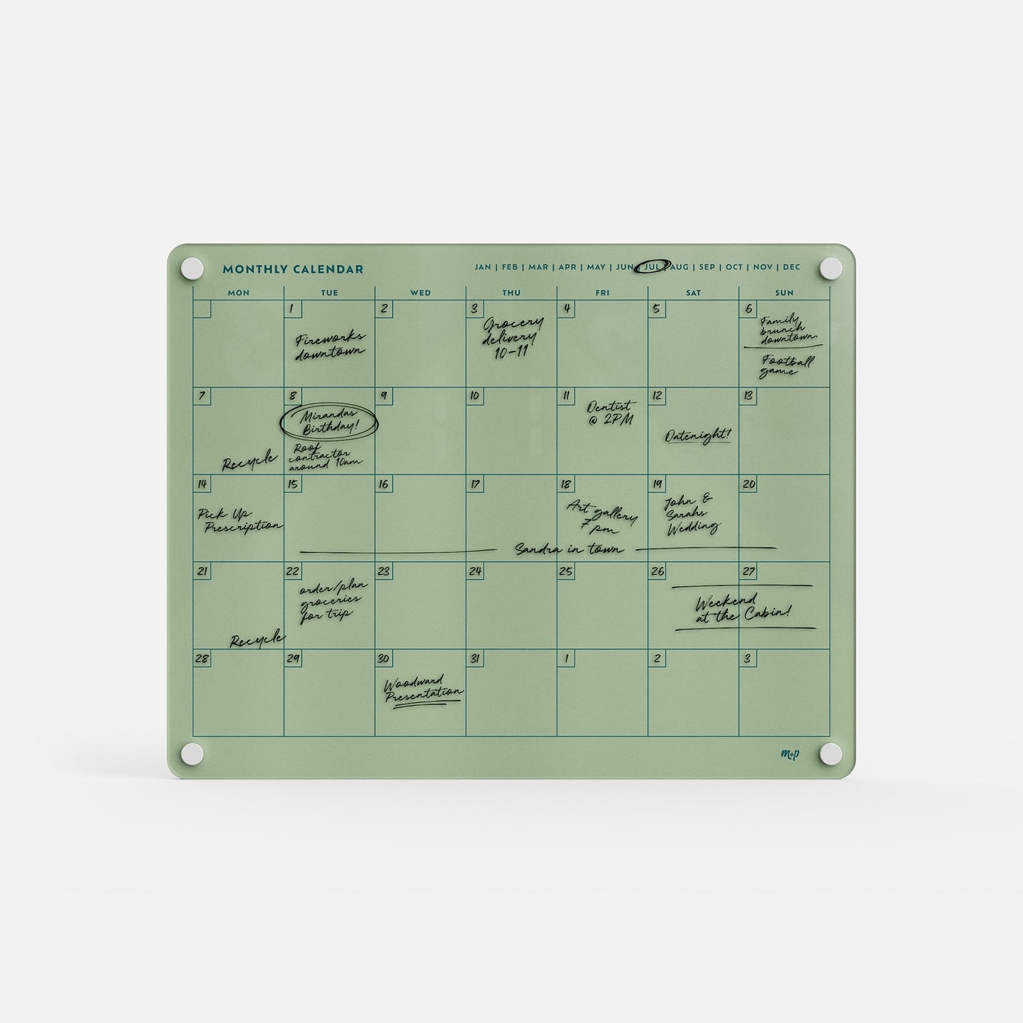 The Monkey and Pebbles Monthly Calendar 1411 is a premium green acrylic wall board with four corner holes, fully erasable and reusable.