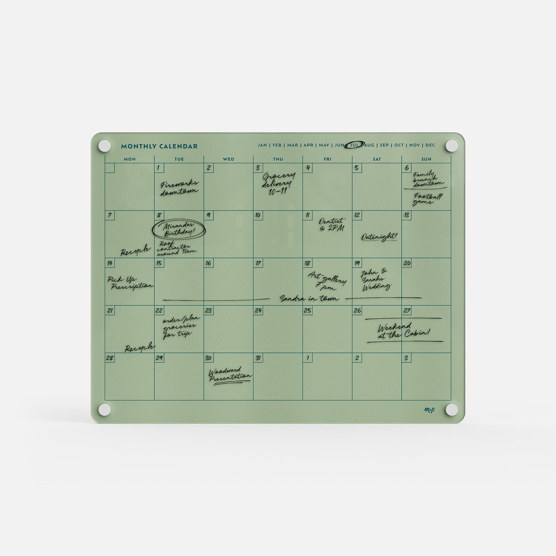 The Monkey and Pebbles Monthly Calendar 1411 is a premium green acrylic wall board with four corner holes, fully erasable and reusable.