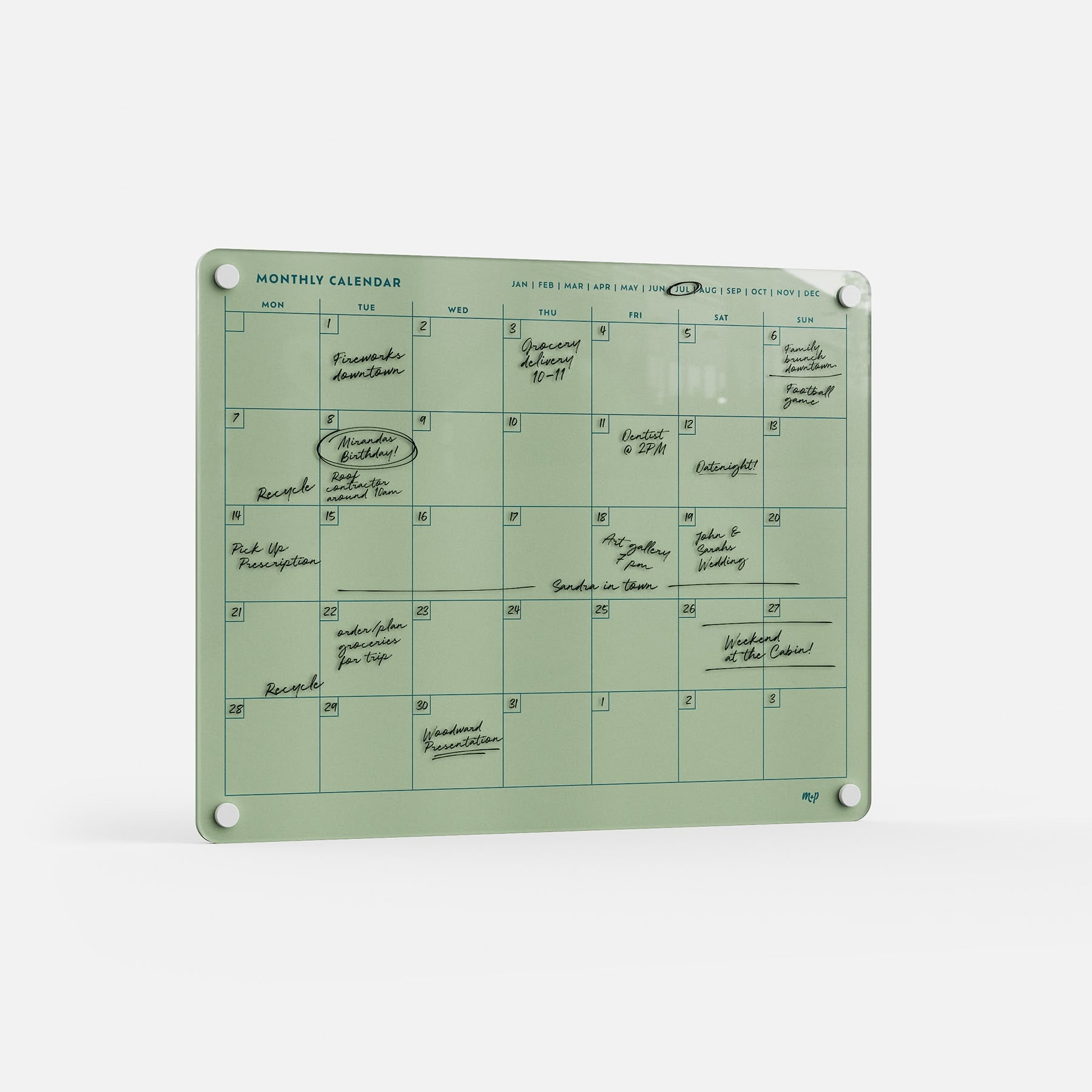 The Monkey and Pebbles premium acrylic erasable monthly calendar 1411 features reusable green surface, silver pegs, and ample note space.