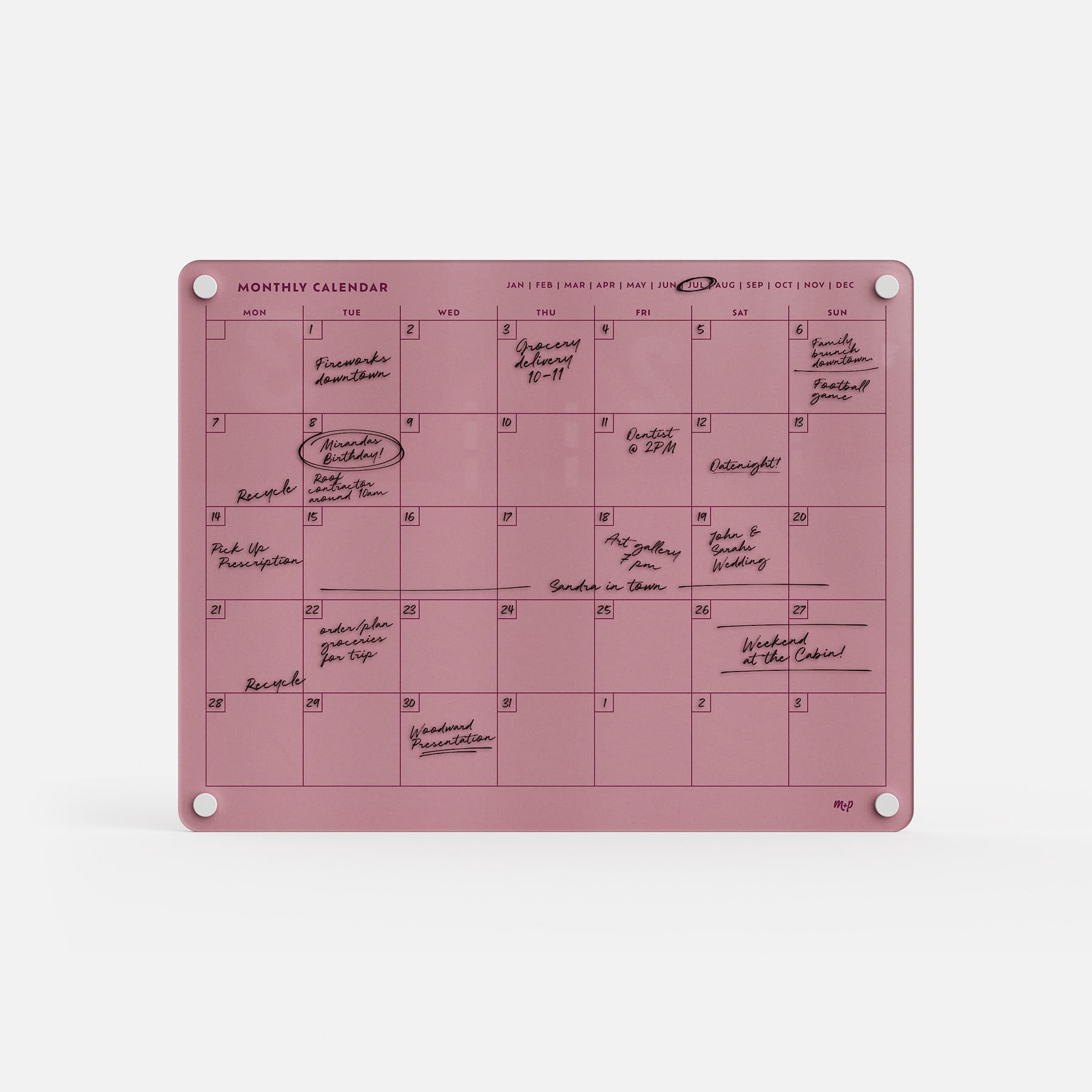 The premium Monkey and Pebbles Monthly Calendar 1411 is a pink acrylic, erasable, reusable planner with four corner holes.