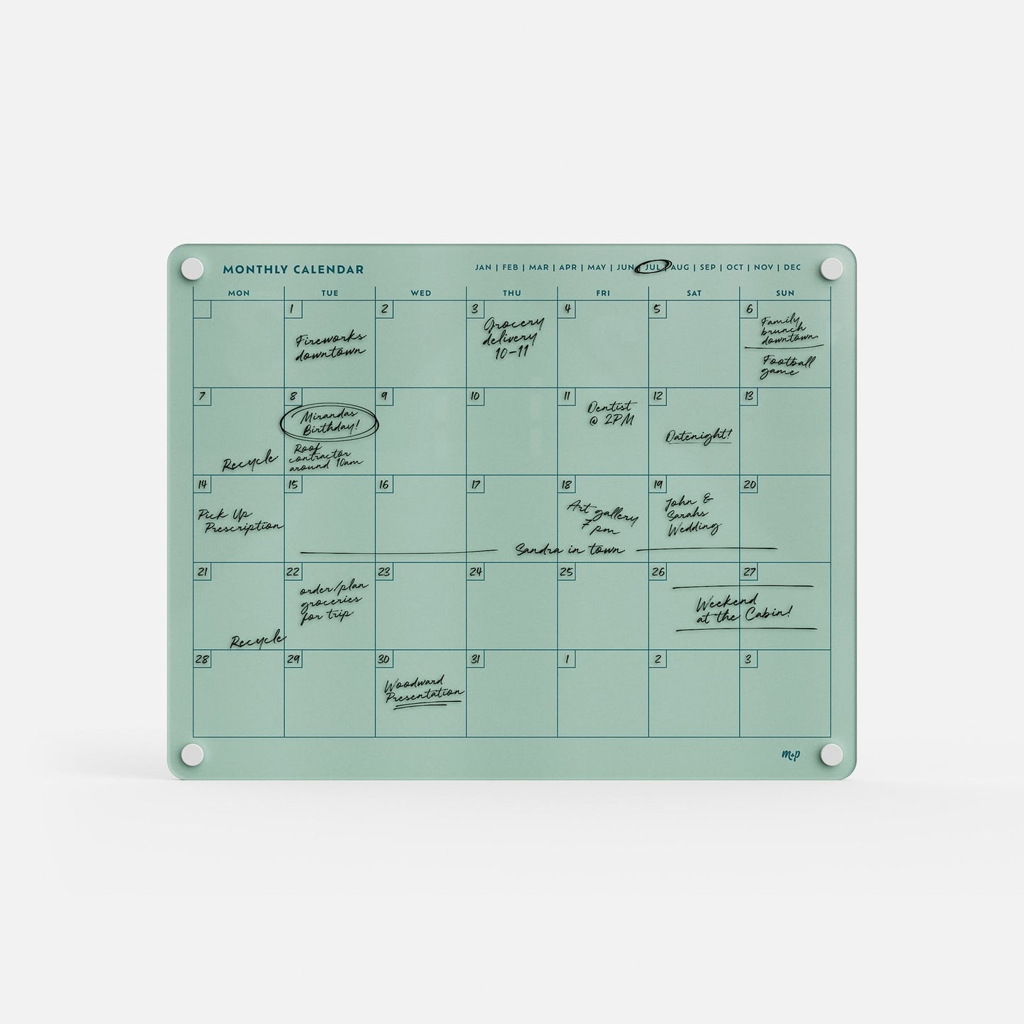 The Monkey and Pebbles premium acrylic monthly calendar 1411 in teal is erasable, reusable, and mounts easily with four corner holes.