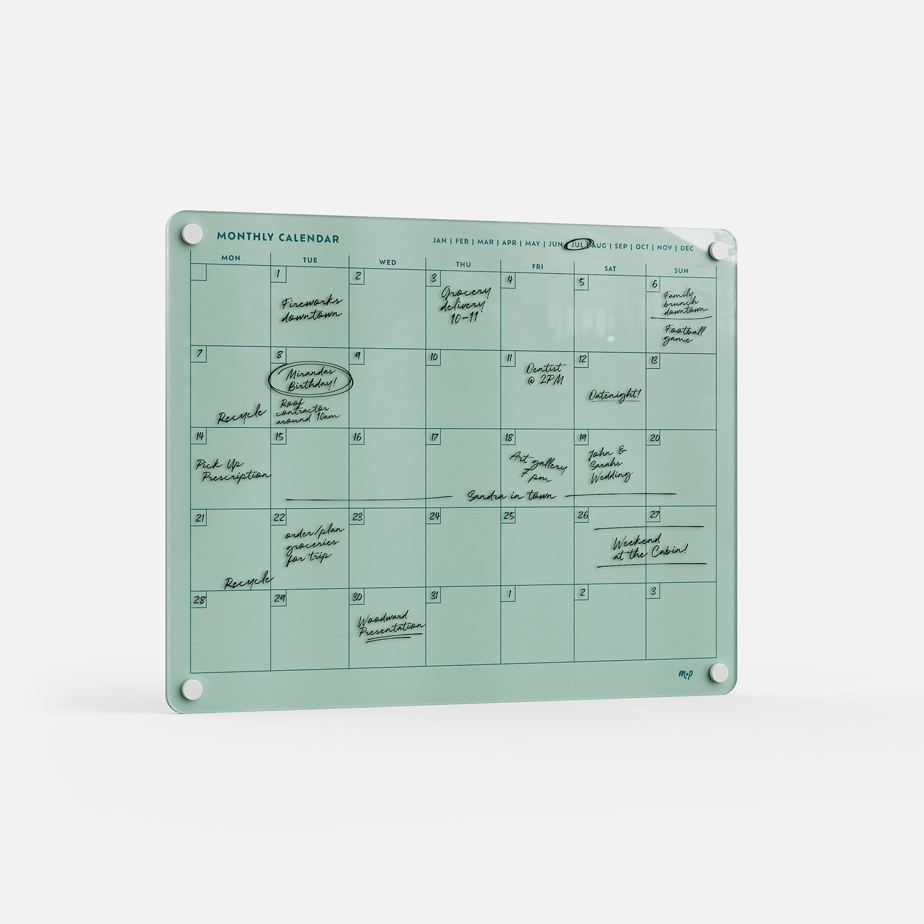 The premium Monkey and Pebbles acrylic monthly calendar mounts on your wall; erasable and reusable for effortless planning.