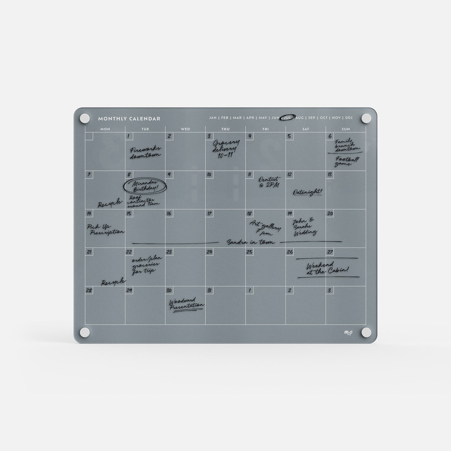 The premium acrylic erasable, reusable Monkey and Pebbles Monthly Calendar 1411 has a sleek gray design with circled dates, ideal for families.