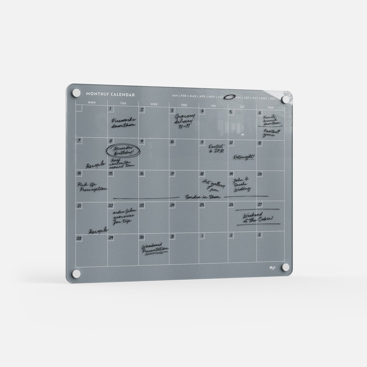 The Monkey and Pebbles Monthly Calendar 1411 is a premium acrylic, erasable, reusable wall planner with days labeled at the top.
