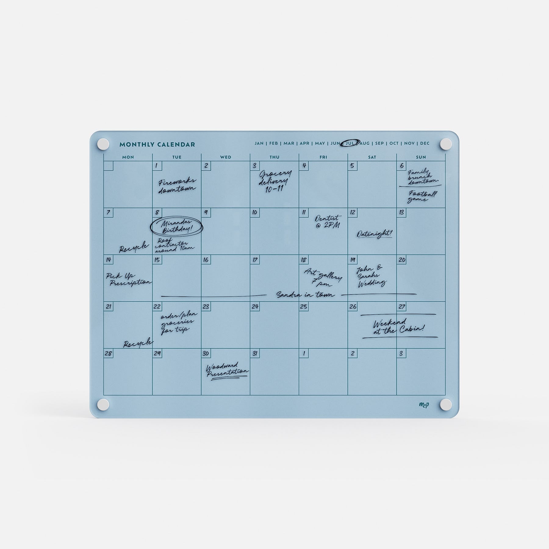 The Monkey and Pebbles Monthly Calendar 1411 is a premium, acrylic, erasable, reusable blue planner with white magnets and notes.
