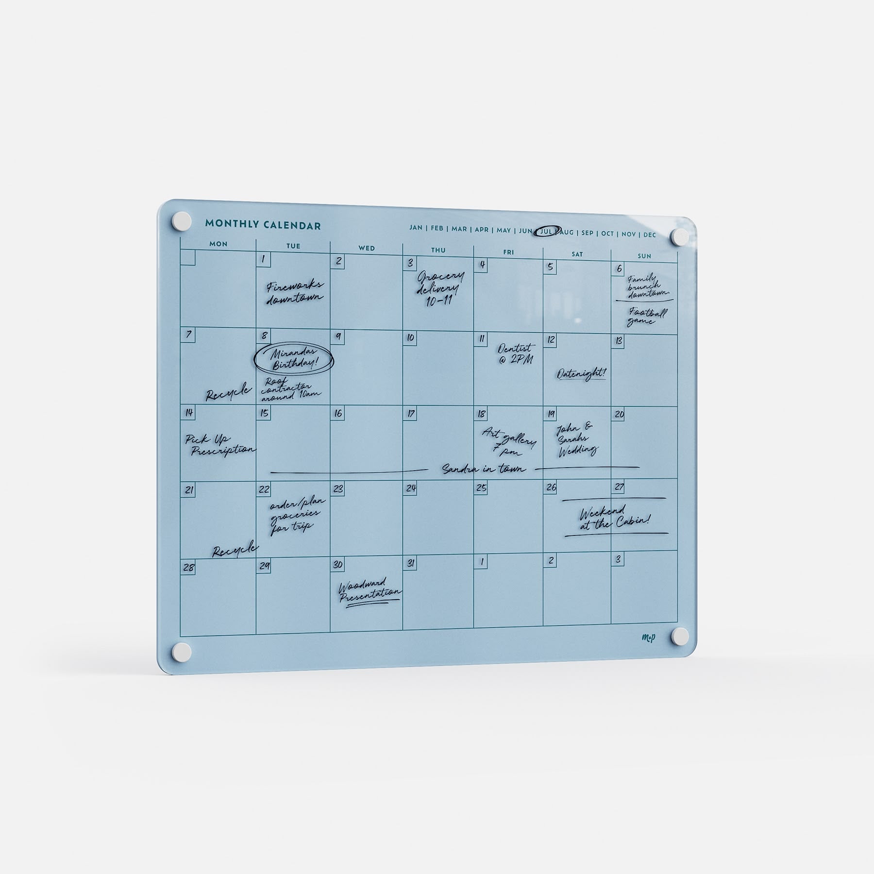 The Monkey and Pebbles Monthly Calendar 1411 is a premium blue acrylic wall-mounted planner, erasable and reusable, held by four magnets.