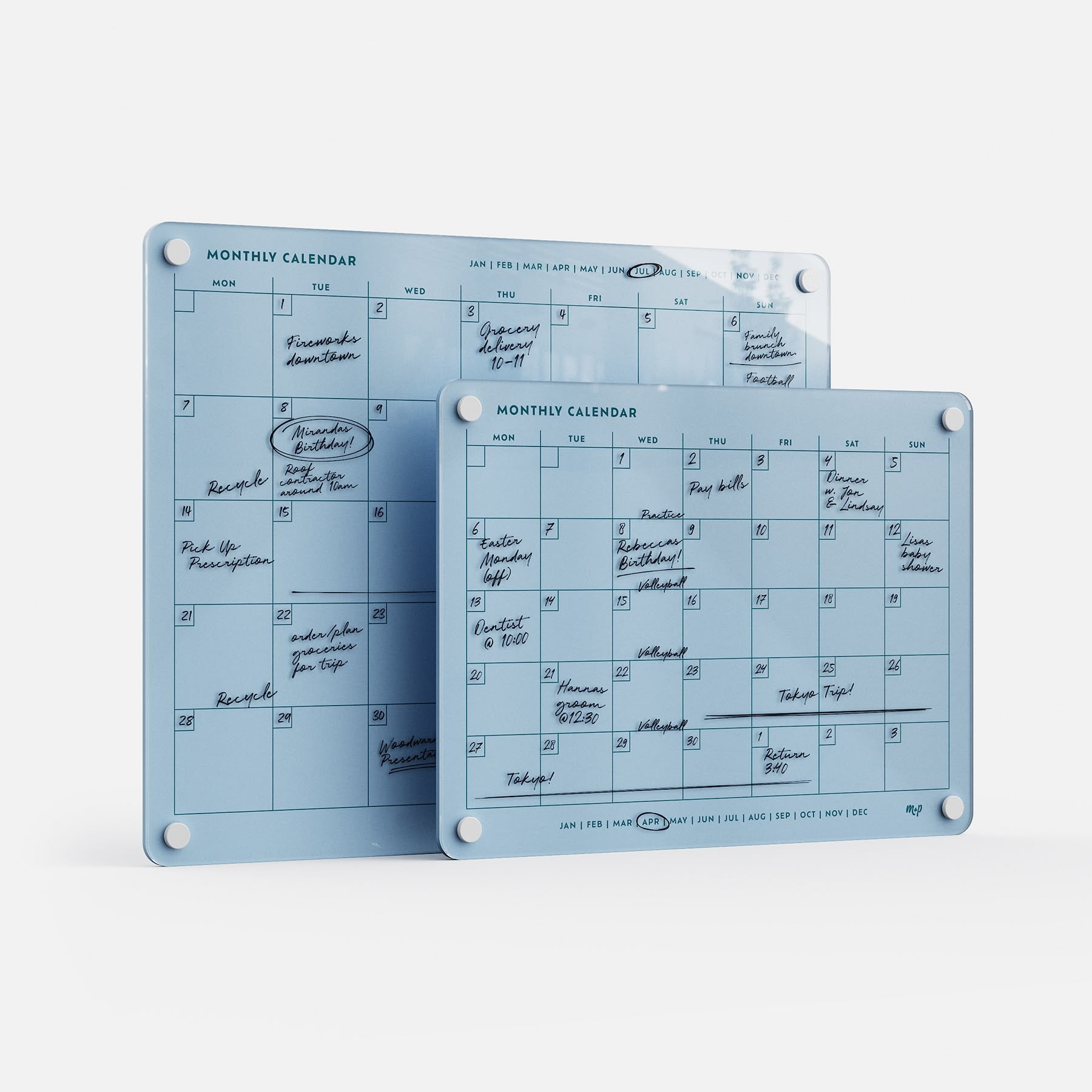 The premium Monkey and Pebbles Monthly Calendar 1411 has two erasable, reusable acrylic blue boards with daily columns for easy family planning.