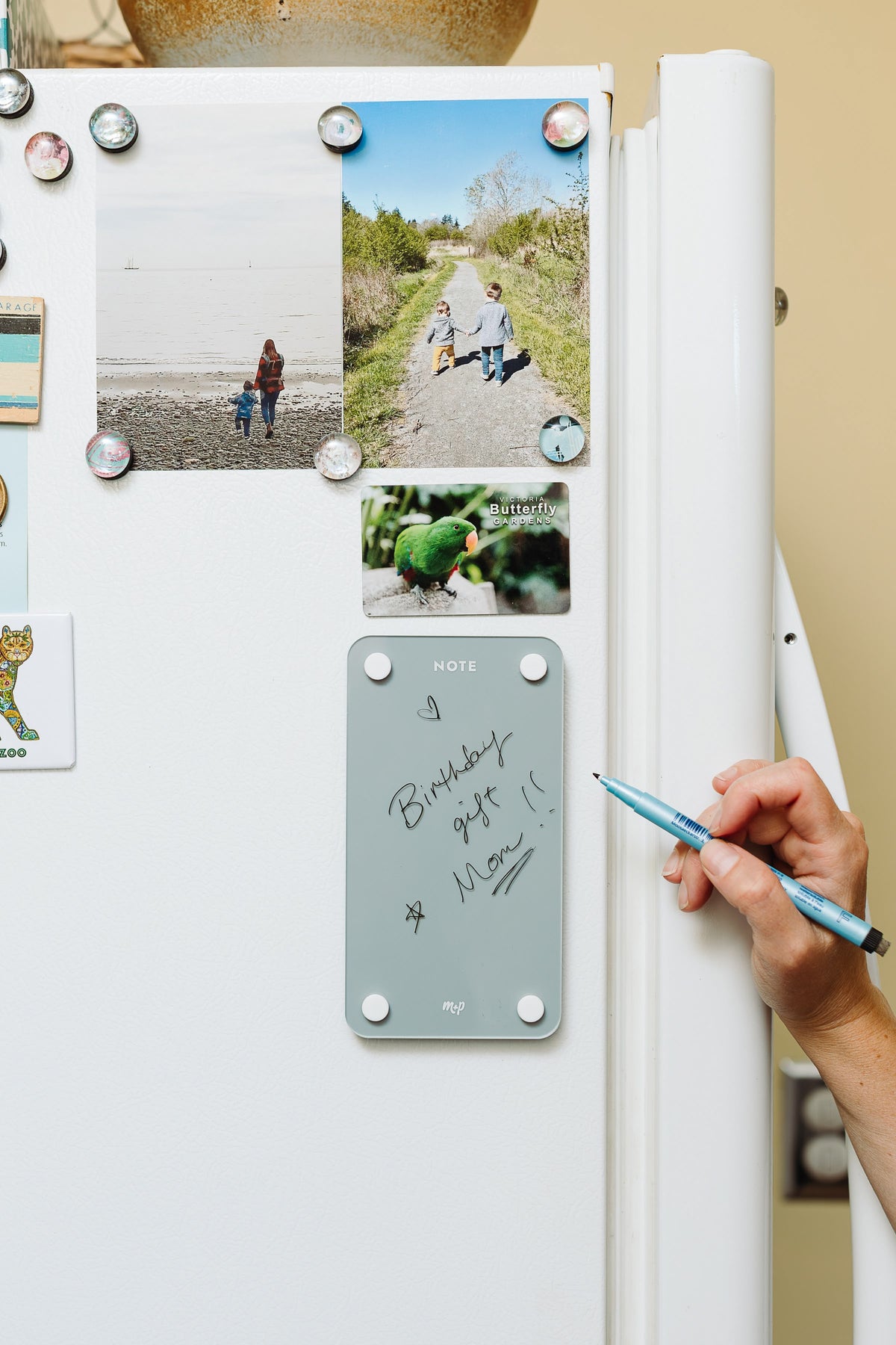 Slate grey magnetic dry erase note board on a fridge among family photos, with a Staedtler marker