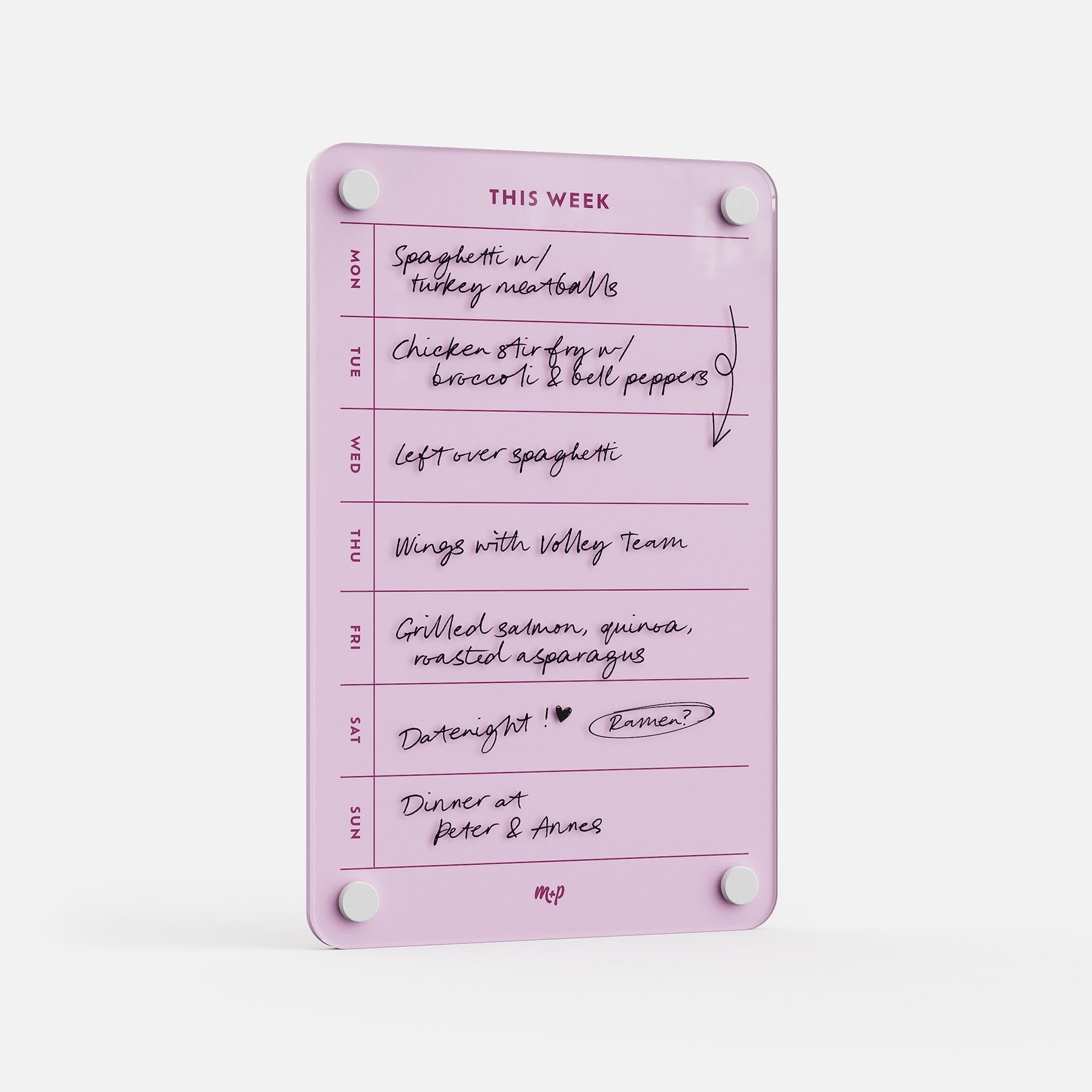 This Week 69 is a pink weekly organizer board with handwritten meal plans like spaghetti, chicken stir fry, wings, salmon, and dinner at Peter & Anne’s. Features doodles and crossed-out items. Ideal as a meal planner or appointment tracker.
