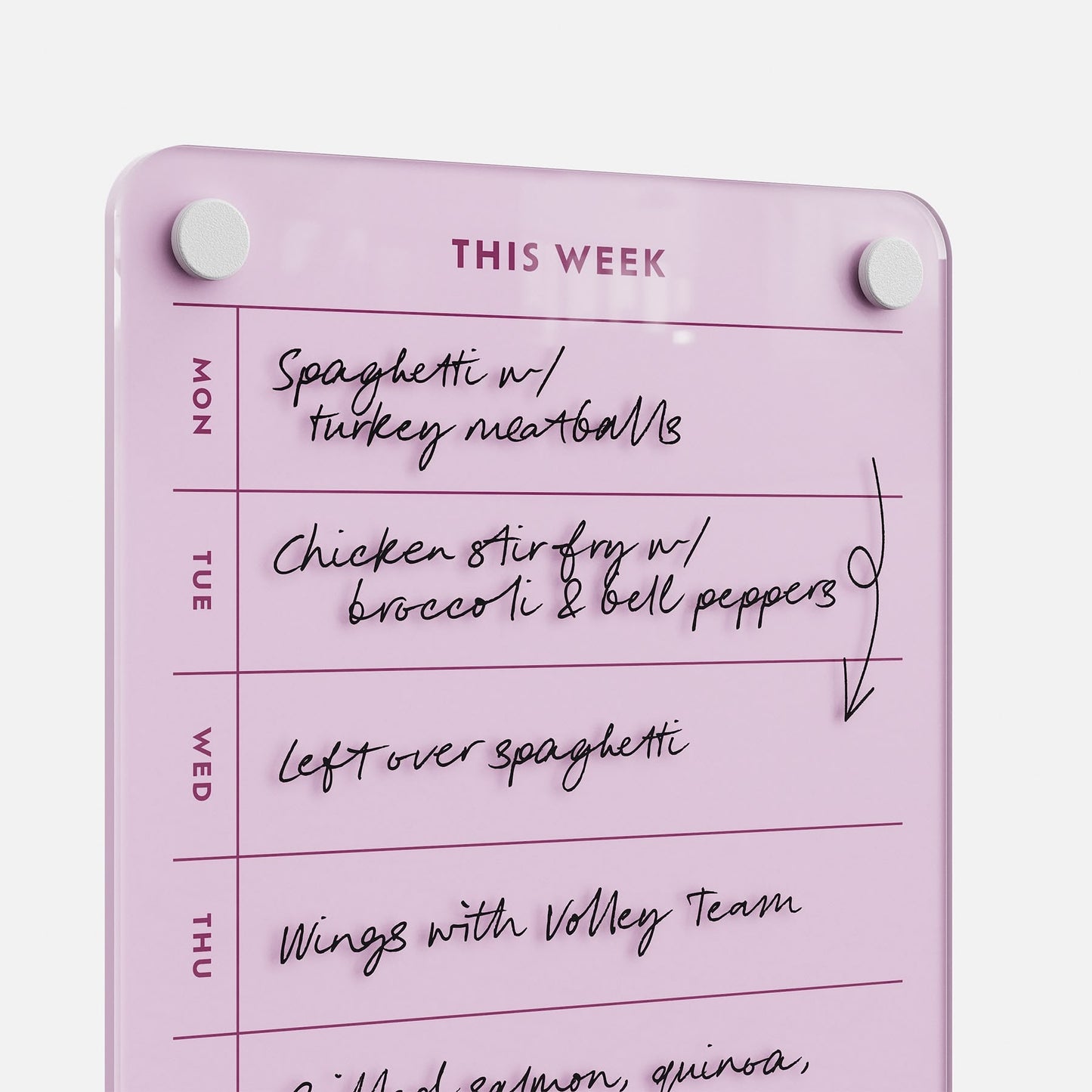 Stay organized and inspired each week with "This Week 69," a pink weekly meal planner featuring handwritten notes: Monday—spaghetti with turkey meatballs, Tuesday—chicken stir fry, Wednesday—leftover spaghetti, Thursday—wings with volley team.
