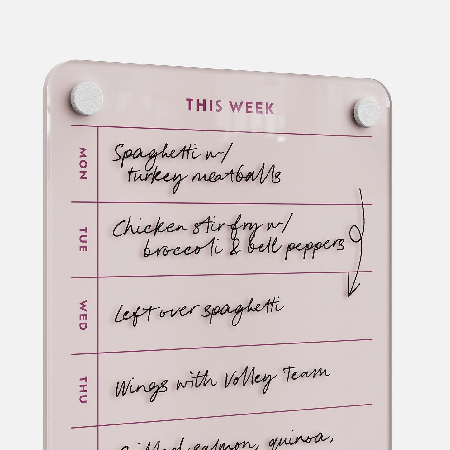 Stay organized all week with "This Week 69," a pink weekly meal planner board featuring handwritten meal plans like Monday—spaghetti with turkey meatballs, Tuesday—chicken stir fry, and more!.
