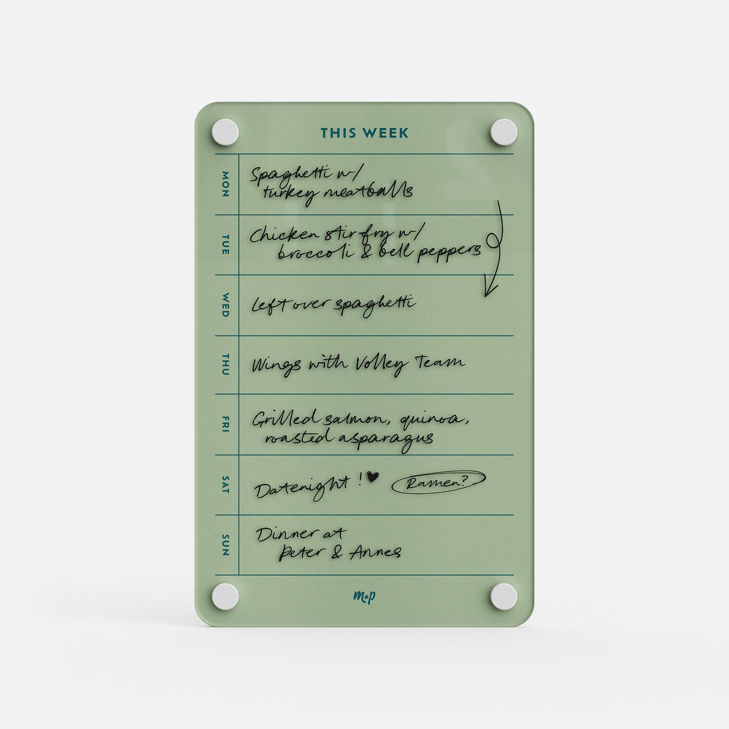 This Week 69: A green weekly meal planner with handwritten meals—spaghetti with turkey meatballs, chicken stir fry, leftovers, wings, grilled salmon with quinoa & asparagus, date night, and dinner out. Also perfect as a weekly organizer!.
