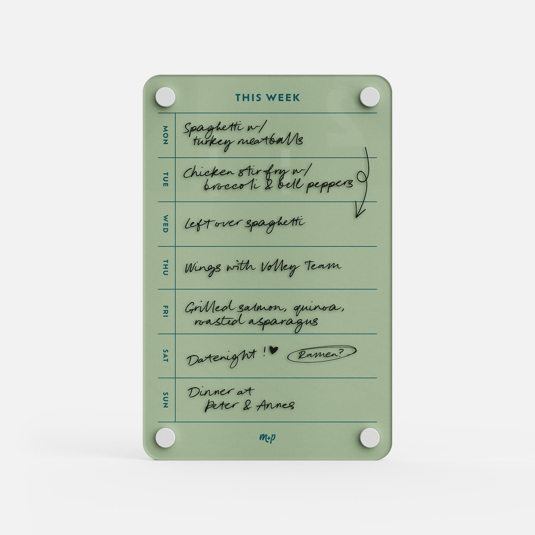 This Week 69: A green weekly meal planner with handwritten meals—spaghetti with turkey meatballs, chicken stir fry, leftovers, wings, grilled salmon with quinoa & asparagus, date night, and dinner out. Also perfect as a weekly organizer!.