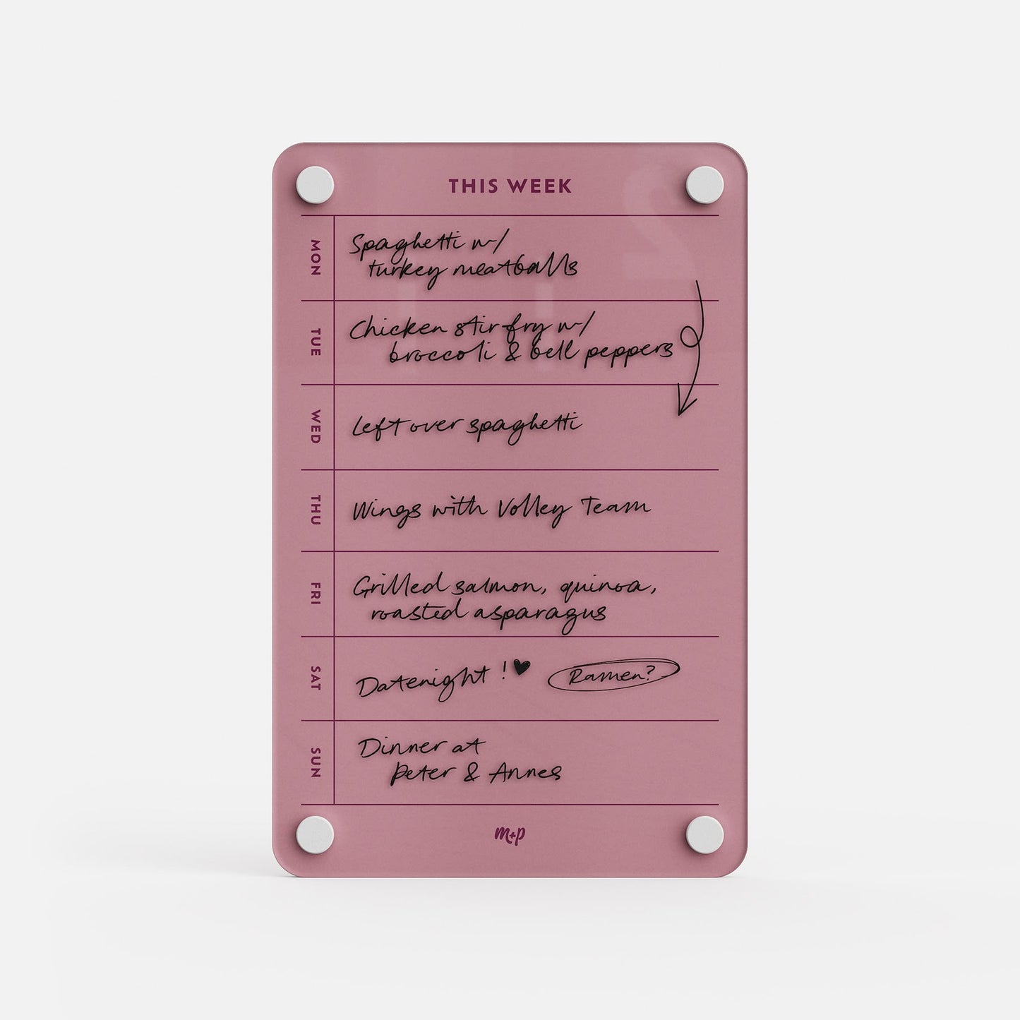 Stay organized with This Week 69, a pink weekly planner featuring handwritten meals: spaghetti with turkey meatballs, chicken stir fry, leftover spaghetti, wings night, grilled salmon, date night, and dinner at Peter & Annes. Your perfect meal planner!.