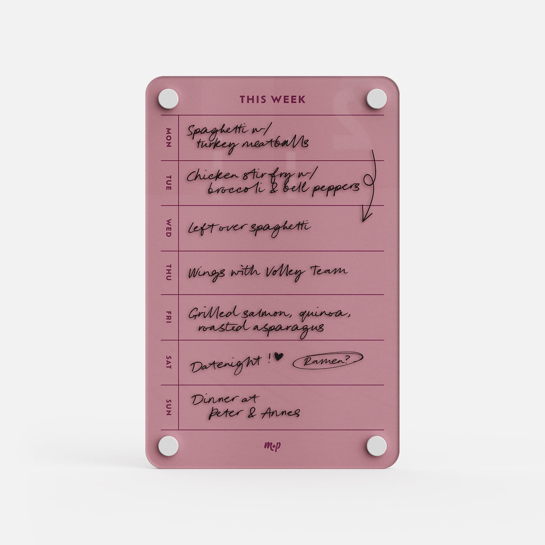 Stay organized with This Week 69, a pink weekly planner featuring handwritten meals: spaghetti with turkey meatballs, chicken stir fry, leftover spaghetti, wings night, grilled salmon, date night, and dinner at Peter & Annes. Your perfect meal planner!.