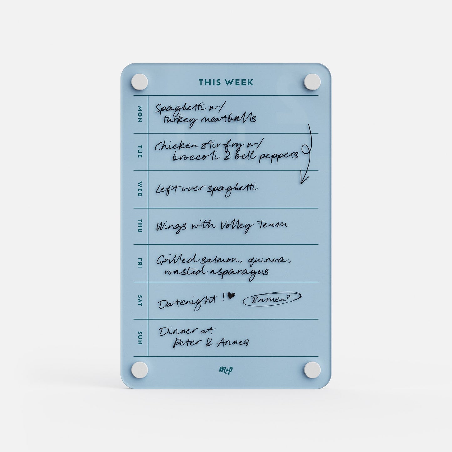This Week 69 is a blue meal planner with handwritten notes for each day, featuring meals such as spaghetti with turkey meatballs, chicken stir fry, leftover spaghetti, wings, grilled salmon, date night, and dinner at Peter & Anne's.