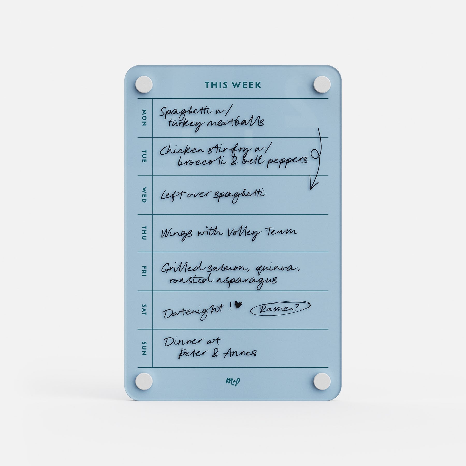 This Week 69 is a blue meal planner with handwritten notes for each day, featuring meals such as spaghetti with turkey meatballs, chicken stir fry, leftover spaghetti, wings, grilled salmon, date night, and dinner at Peter & Anne's.