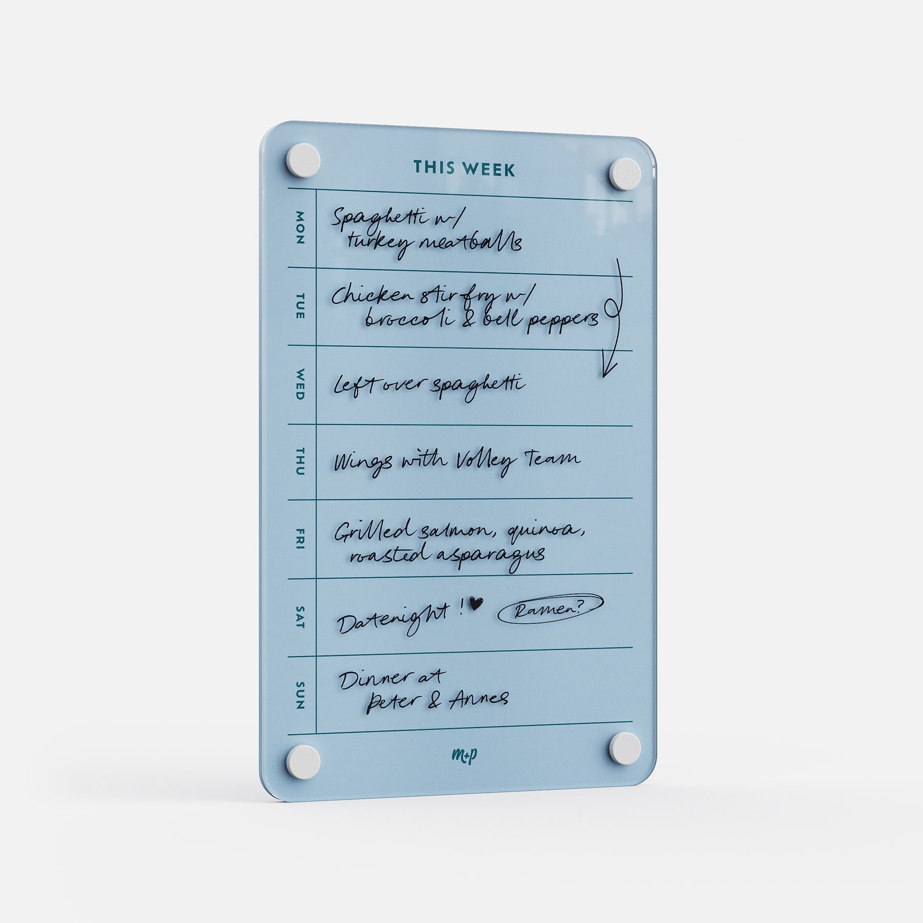 The "This Week 69" blue weekly meal planner board features handwritten notes for each day, with meals like spaghetti, chicken stir fry, wings, grilled salmon, and dinner at a friend's. Days are listed vertically on the left.
