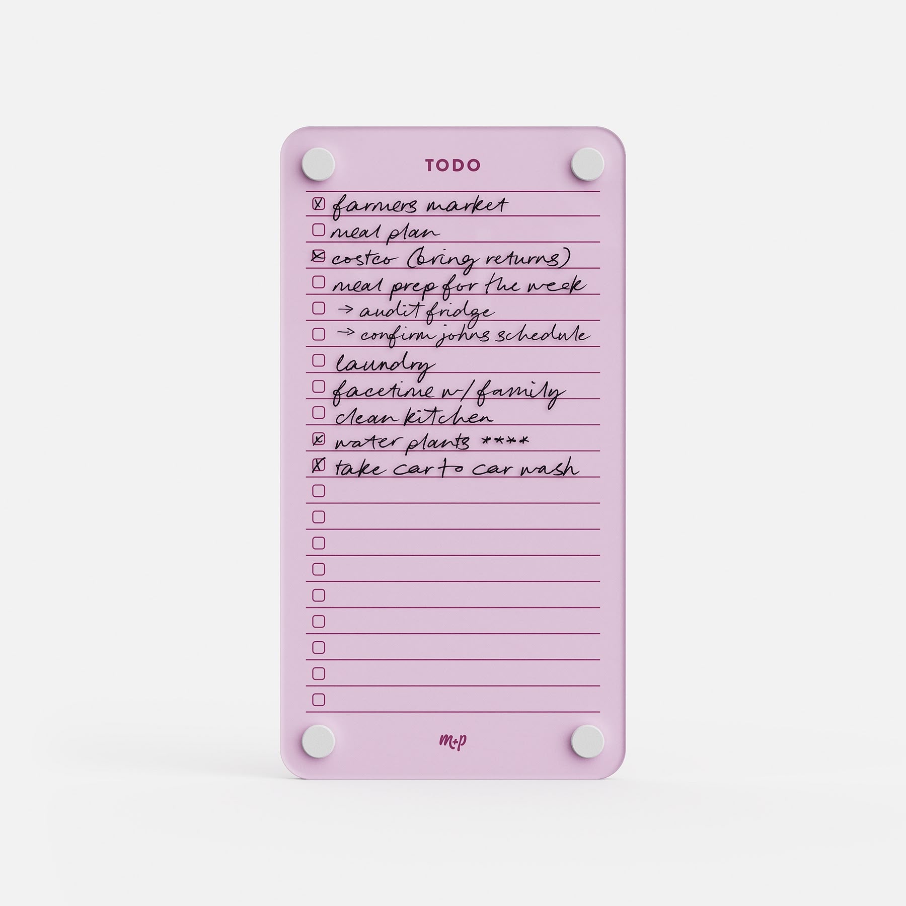 Todo List 59 is a pink magnetic daily organizer featuring handwritten tasks—farmers market, meal plan, laundry, water plants, and car wash—with some checkboxes marked off while others are yet to be completed.