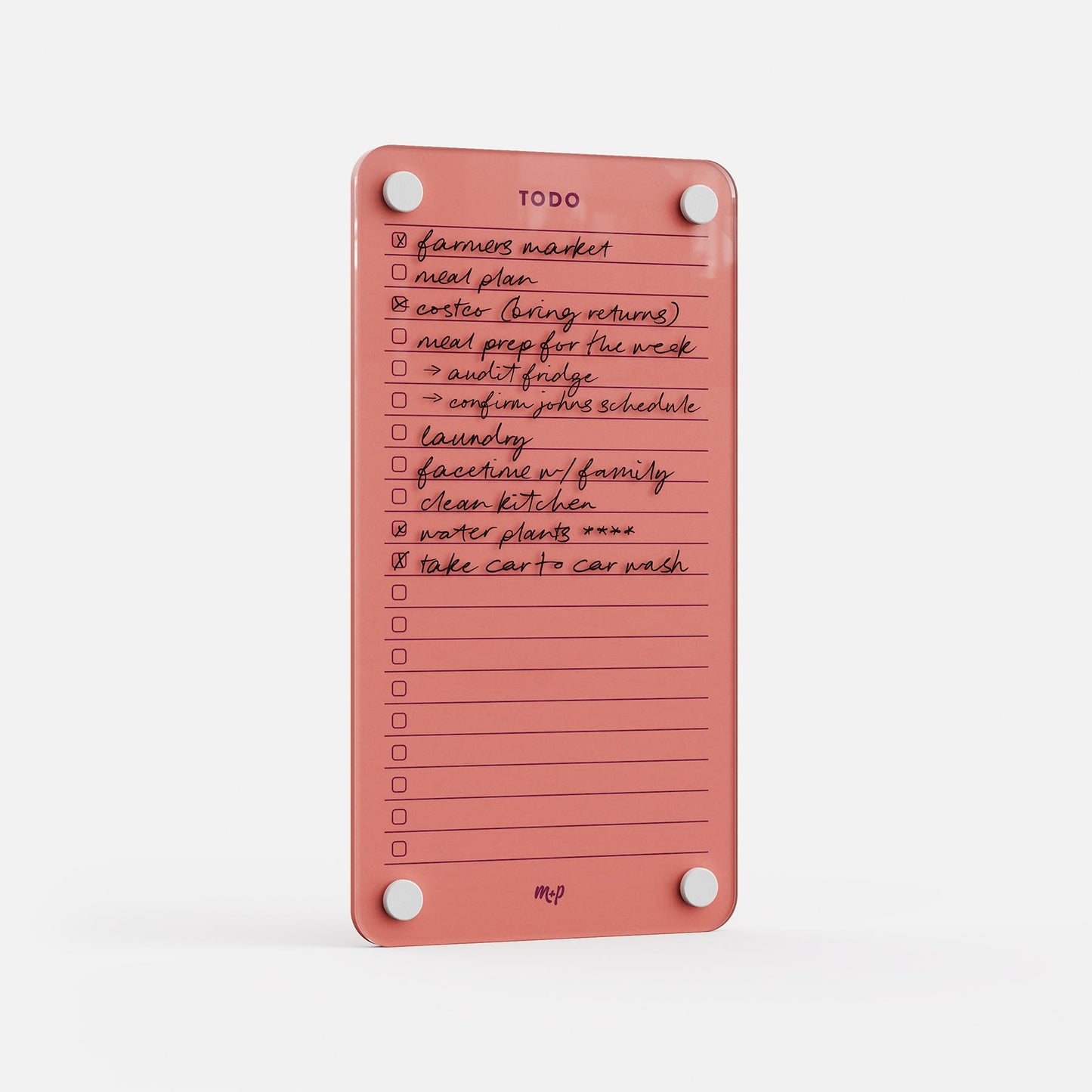 Todo List 59 is a rectangular pink acrylic to-do board featuring handwritten black tasks and white magnets at each corner. Most boxes are empty except “take car to car wash,” making it a stylish daily organizer for efficient task management.