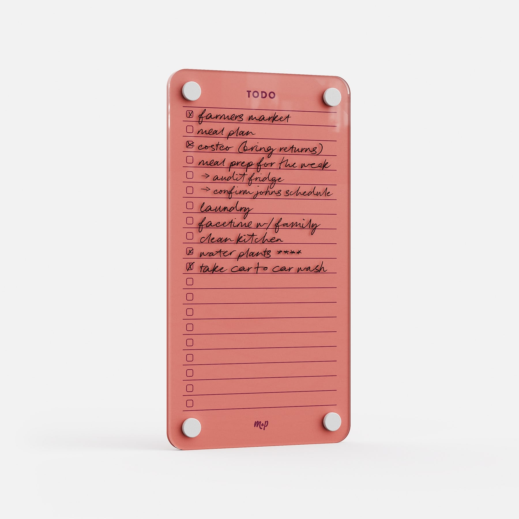 Todo List 59 is a rectangular pink acrylic to-do board featuring handwritten black tasks and white magnets at each corner. Most boxes are empty except “take car to car wash,” making it a stylish daily organizer for efficient task management.