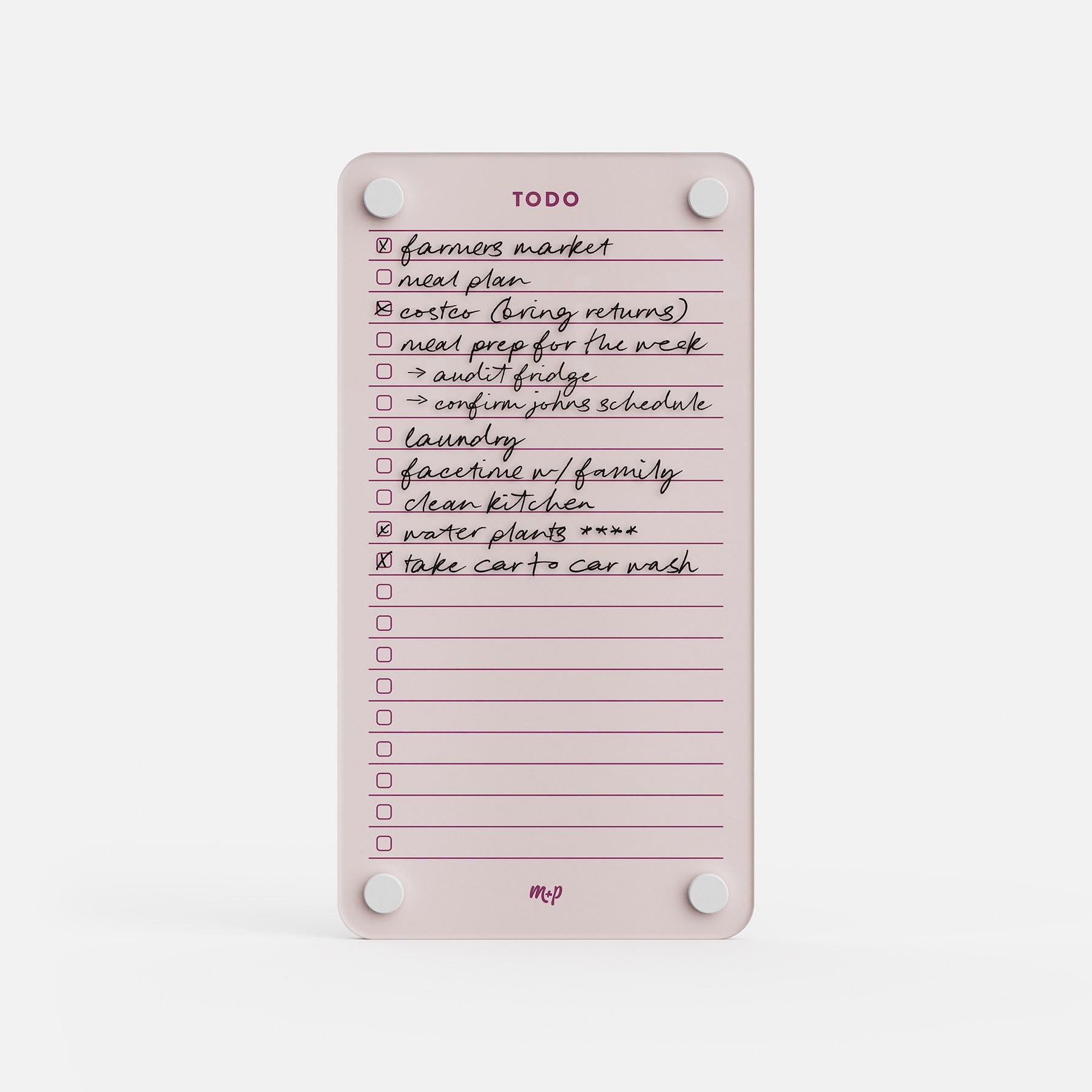 The Todo List 59 is a pink magnetic daily organizer featuring ten handwritten tasks (seven completed), such as visiting the farmers market, meal planning, laundry, watering plants, and a car wash—ideal for effective task management.