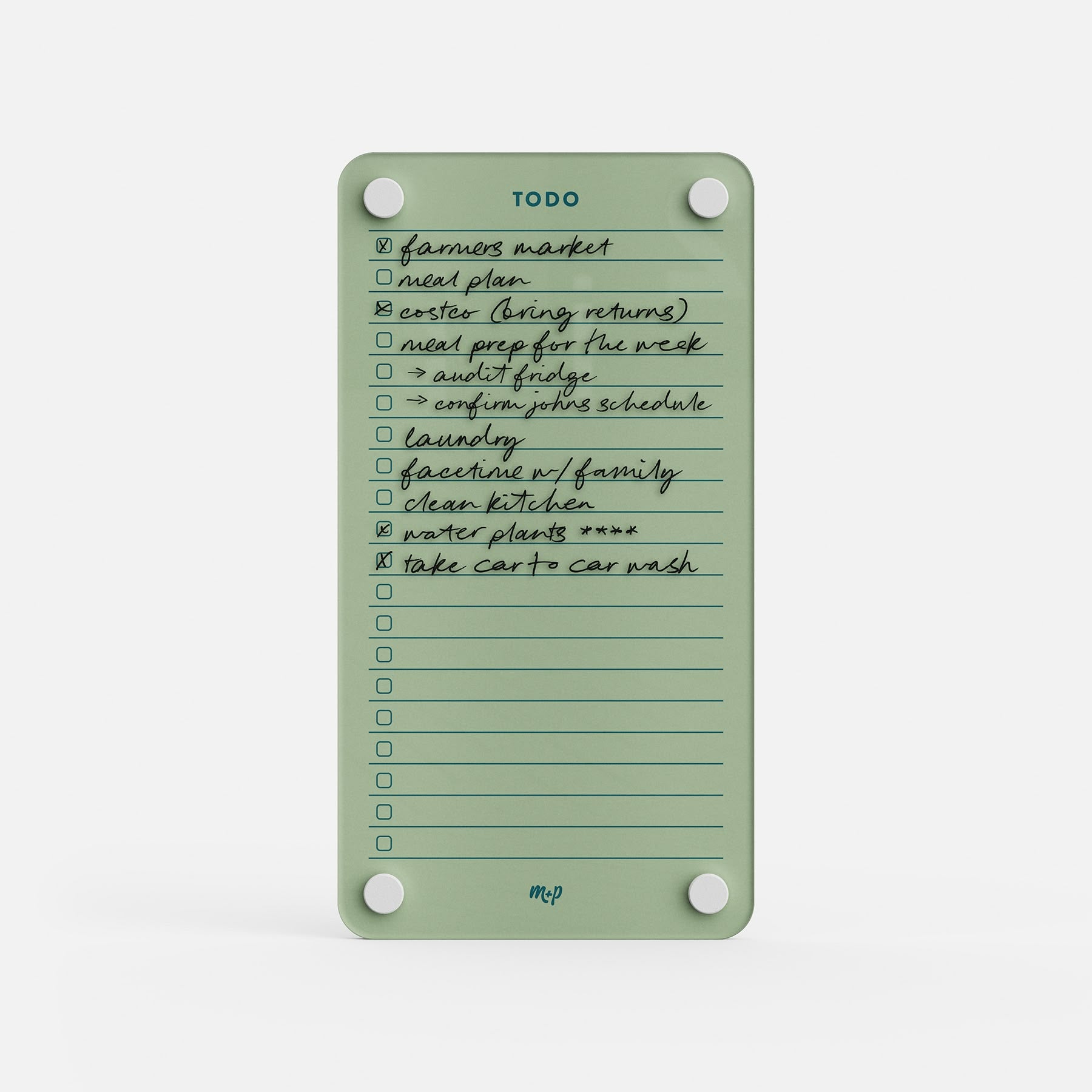 Todo List 59 is a green board featuring handwritten tasks like farmers market, meal plan, Easter, laundry, clean kitchen, water plants, and car wash—designed for easy task management.
