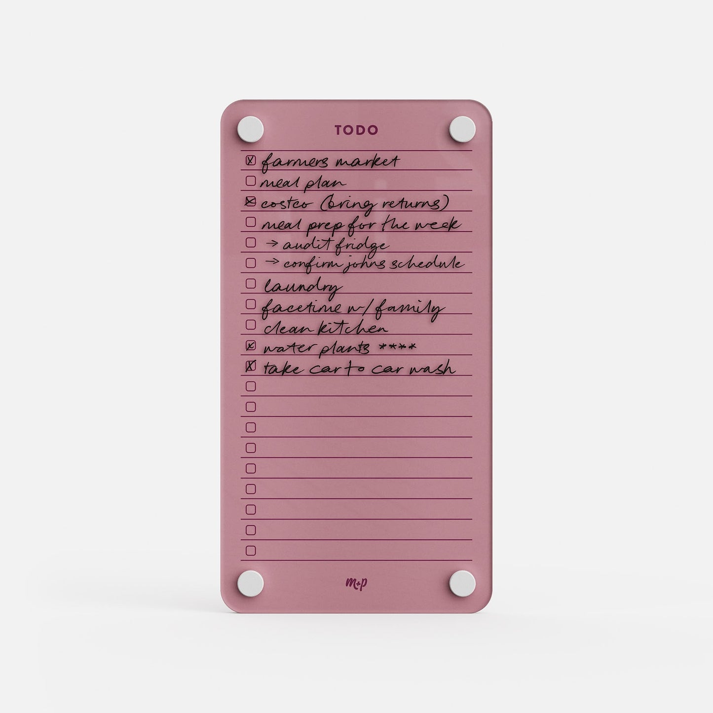 Todo List 59 is a pink magnetic to-do board for daily organization, with tasks like farmers market, meal plan, Easter (bring returns), avoid fridge, confirm kids schedule, laundry, water plants, and car wash.