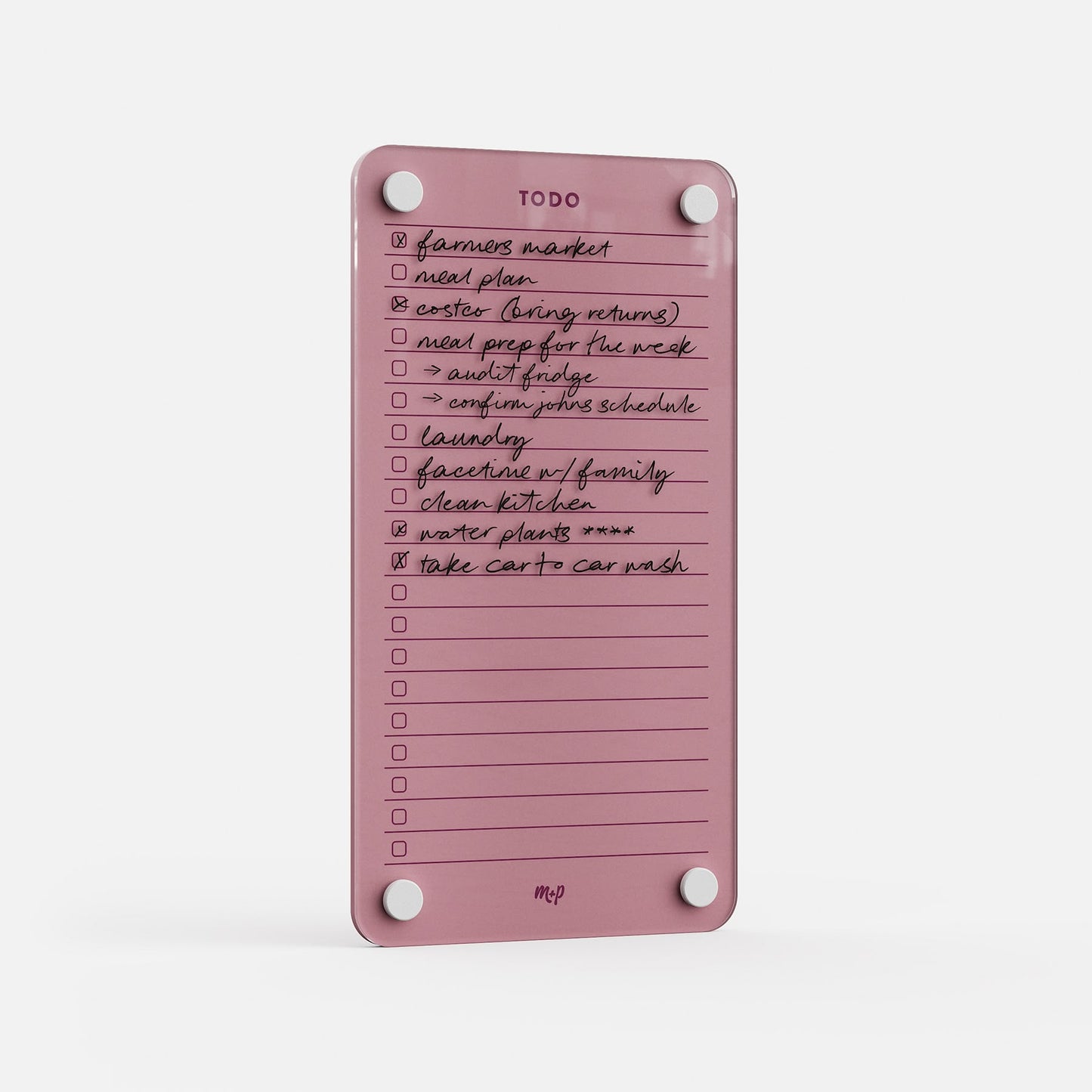 Todo List 59 is a pink acrylic to-do board featuring handwritten tasks like farmers market, meal plan, laundry, kitchen cleaning, watering plants, and car wash—each with a checkbox for easy tracking.