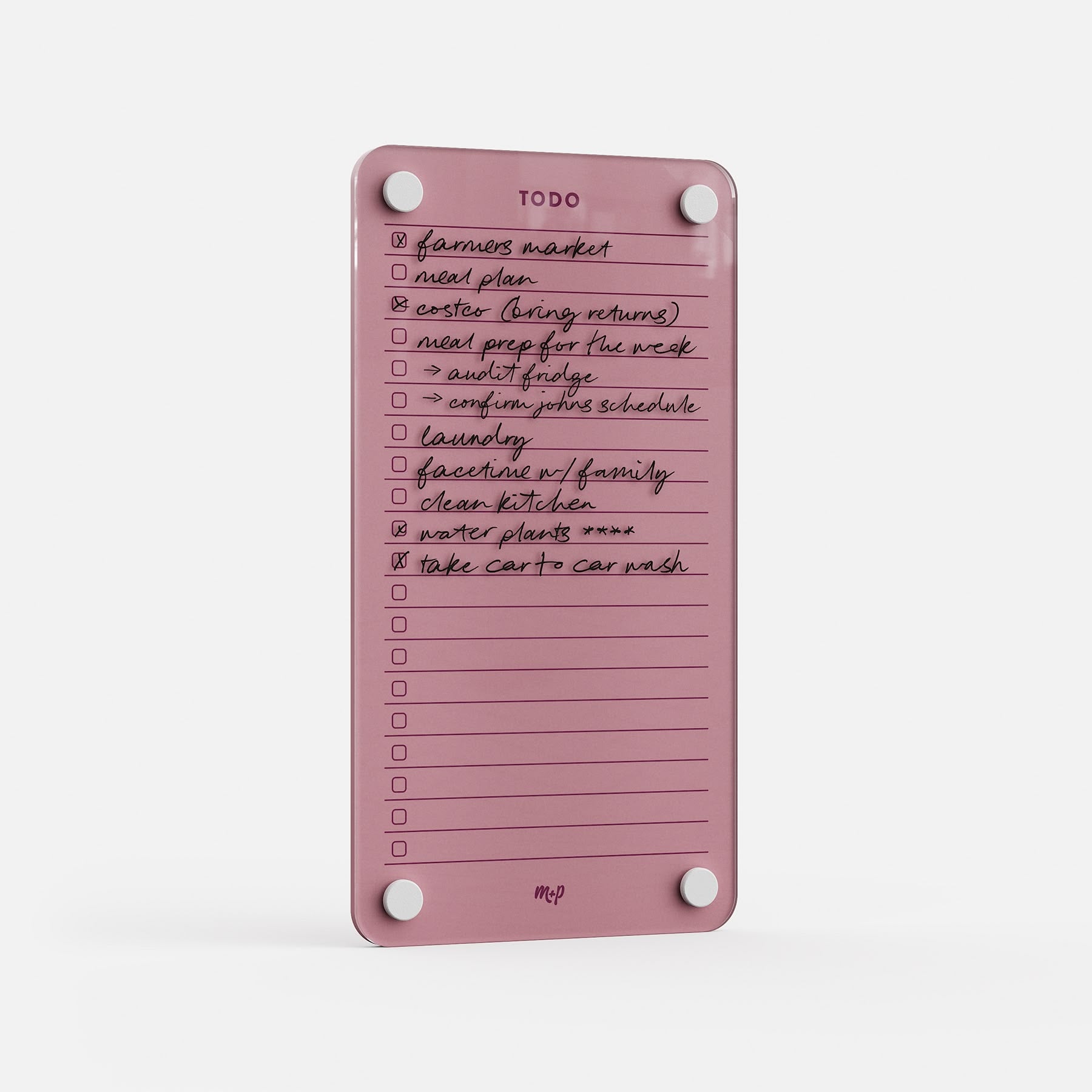 Todo List 59 is a pink acrylic to-do board featuring handwritten tasks like farmers market, meal plan, laundry, kitchen cleaning, watering plants, and car wash—each with a checkbox for easy tracking.