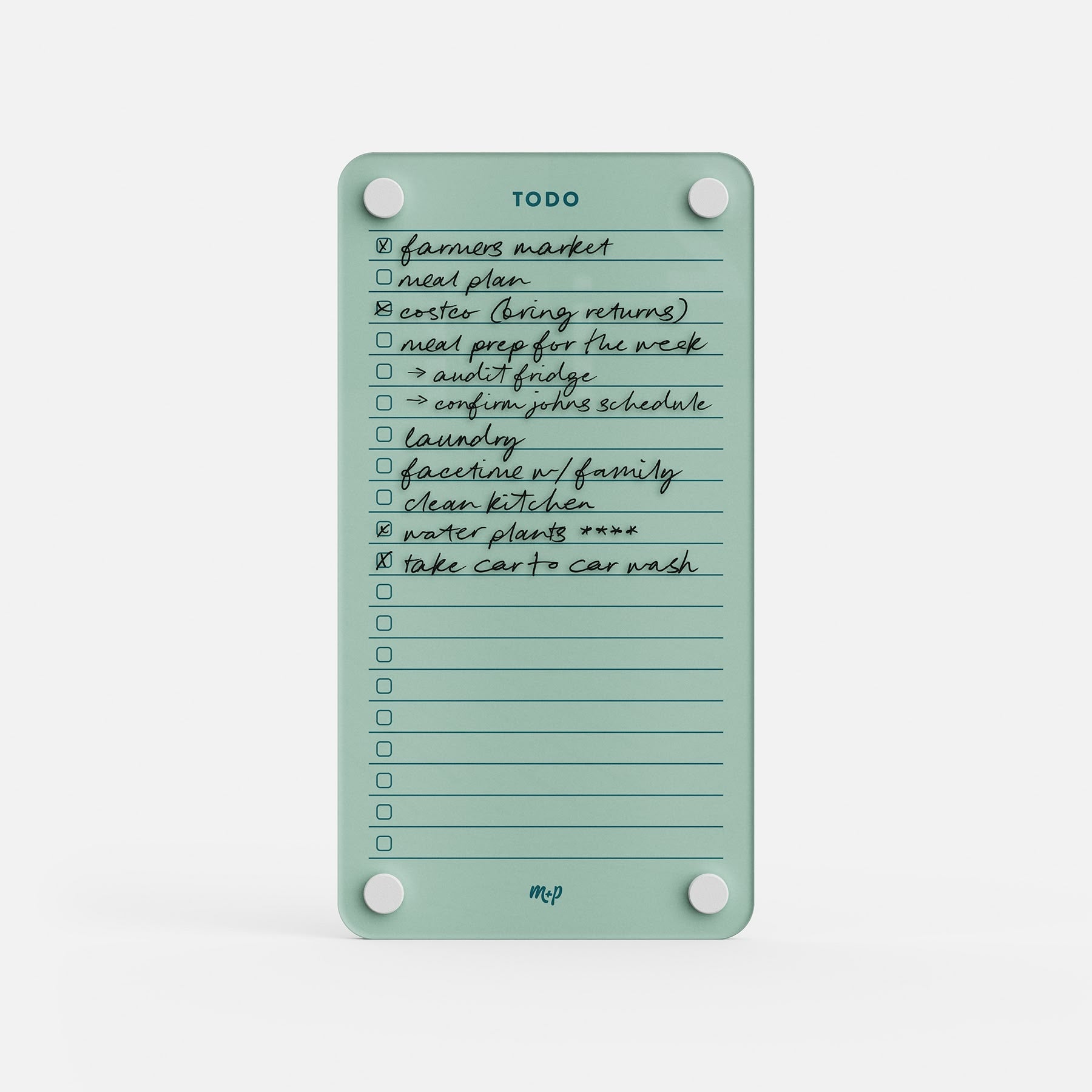 Todo List 59 is a green daily organizer notepad with handwritten tasks like farmers market, meal plan, bring returns to Oster, await Dodge, and car wash. Checked boxes help keep you organized and manage your to-dos easily.