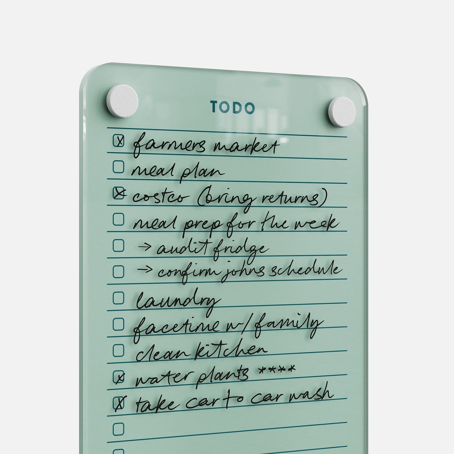 The Todo List 59 displays handwritten tasks—farmers market, meal plan, bring coaster returns, prep meals, audit fridge, confirm John’s schedule, laundry, FaceTime family, clean kitchen, water plants, car wash—with most already checked off.