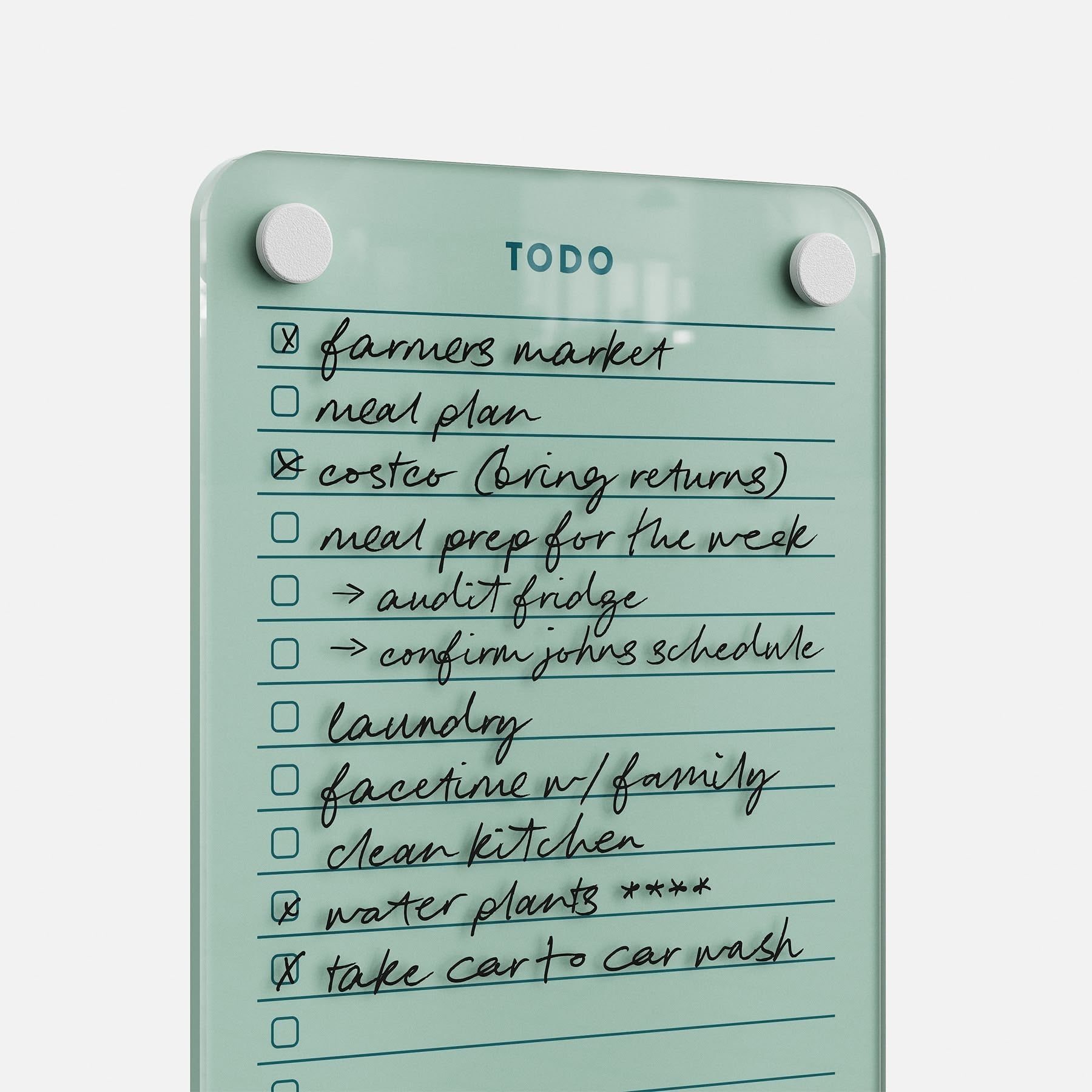 The Todo List 59 displays handwritten tasks—farmers market, meal plan, bring coaster returns, prep meals, audit fridge, confirm John’s schedule, laundry, FaceTime family, clean kitchen, water plants, car wash—with most already checked off.