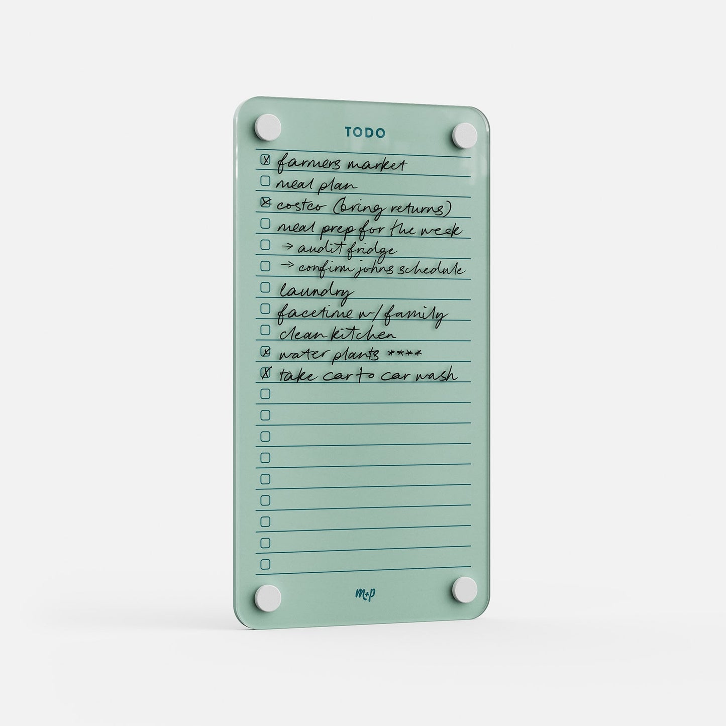 Todo List 59 is a glass dry erase to-do board featuring handwritten tasks like farmers market, meal plan, clean kitchen, water plants, and car wash—perfect for efficient daily task management with checkboxes for each item.
