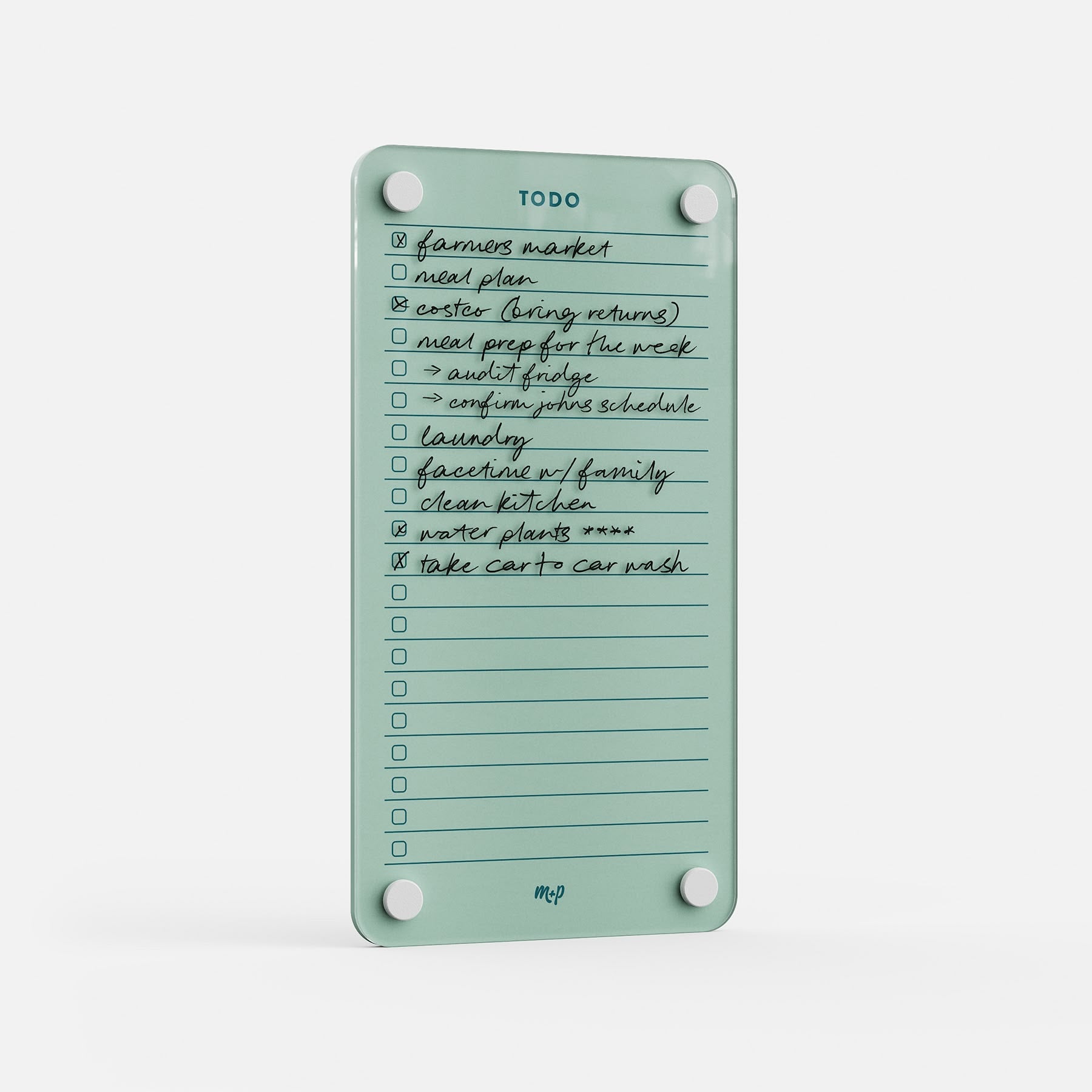 Todo List 59 is a glass dry erase to-do board featuring handwritten tasks like farmers market, meal plan, clean kitchen, water plants, and car wash—perfect for efficient daily task management with checkboxes for each item.