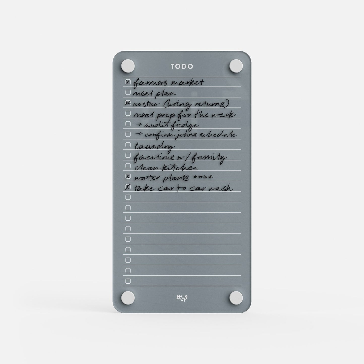 Todo List 59: Gray magnetic board for organizing tasks. Tasks in black ink—“farmers market, meal plan, water plants, take car to car wash”—with multiple empty checkboxes for easy tracking.